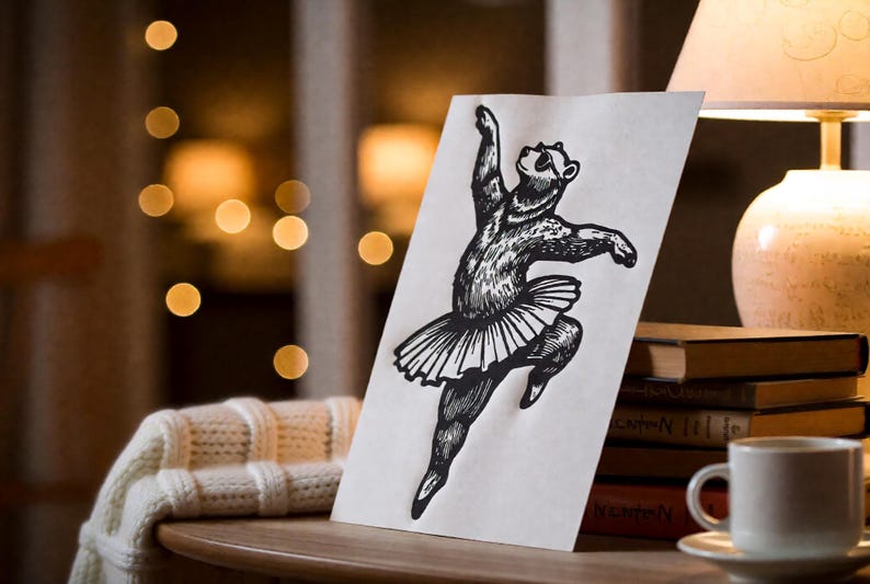 Handmade bear linocut print — Ballerina Bear Dancing Linocut Print — A5 wall art by Peter Gedeon