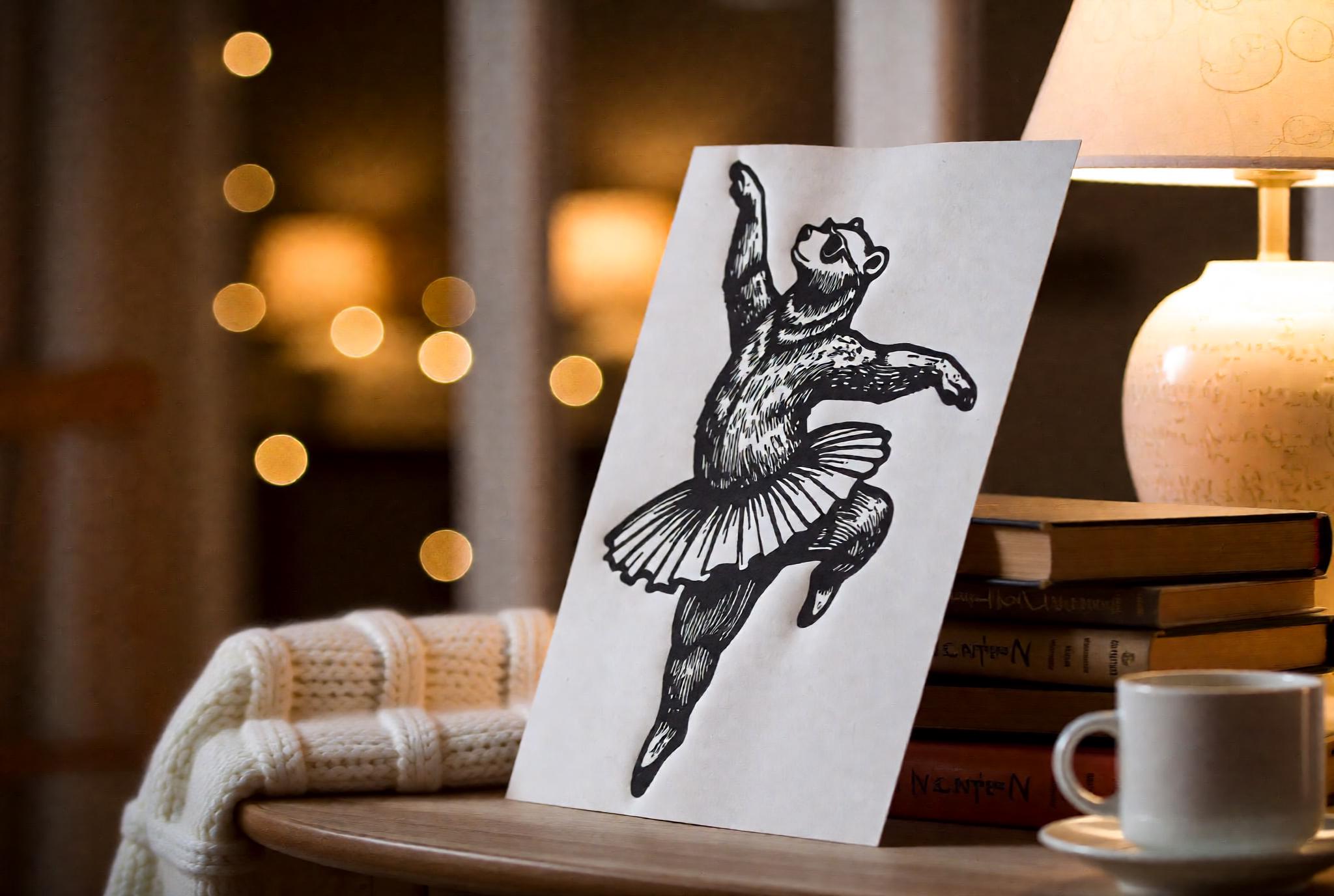 Handmade linocut print of a bear doing ballet mid-leap wearing a tutu in a classic dancer pose