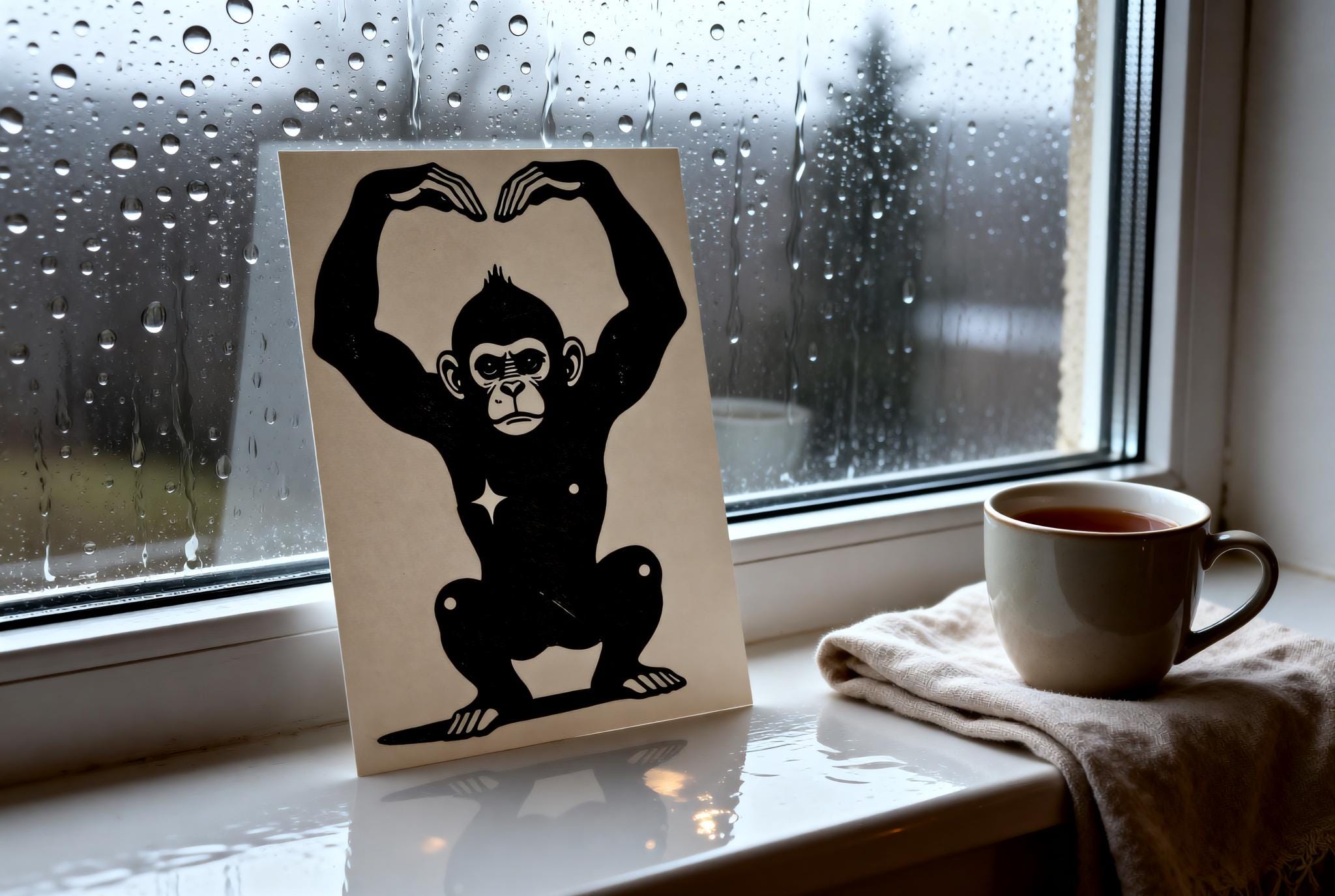 Original linocut print Handmade Monkey Linocut Print — ink texture and paper detail view