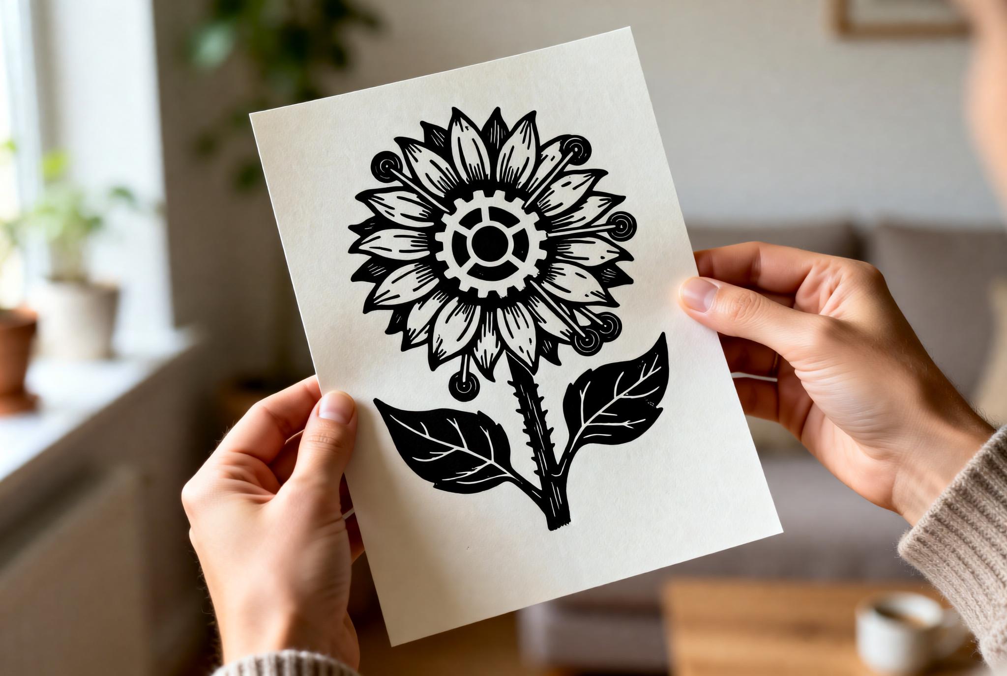 Handmade linocut print of a mechanical steampunk sunflower with gear-like center and bold carved petals