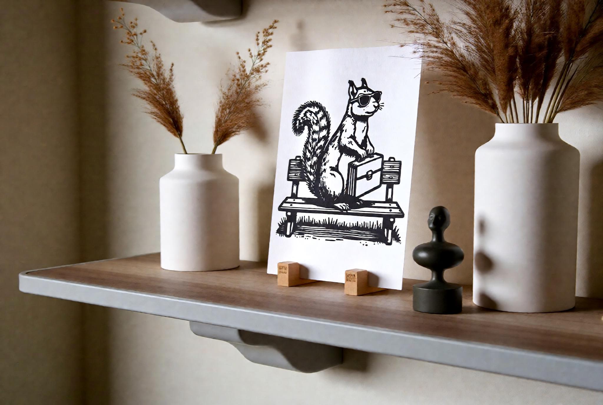 Secret Agent Squirrel Linocut Print handmade block print on 300gsm watercolor paper A5 size
