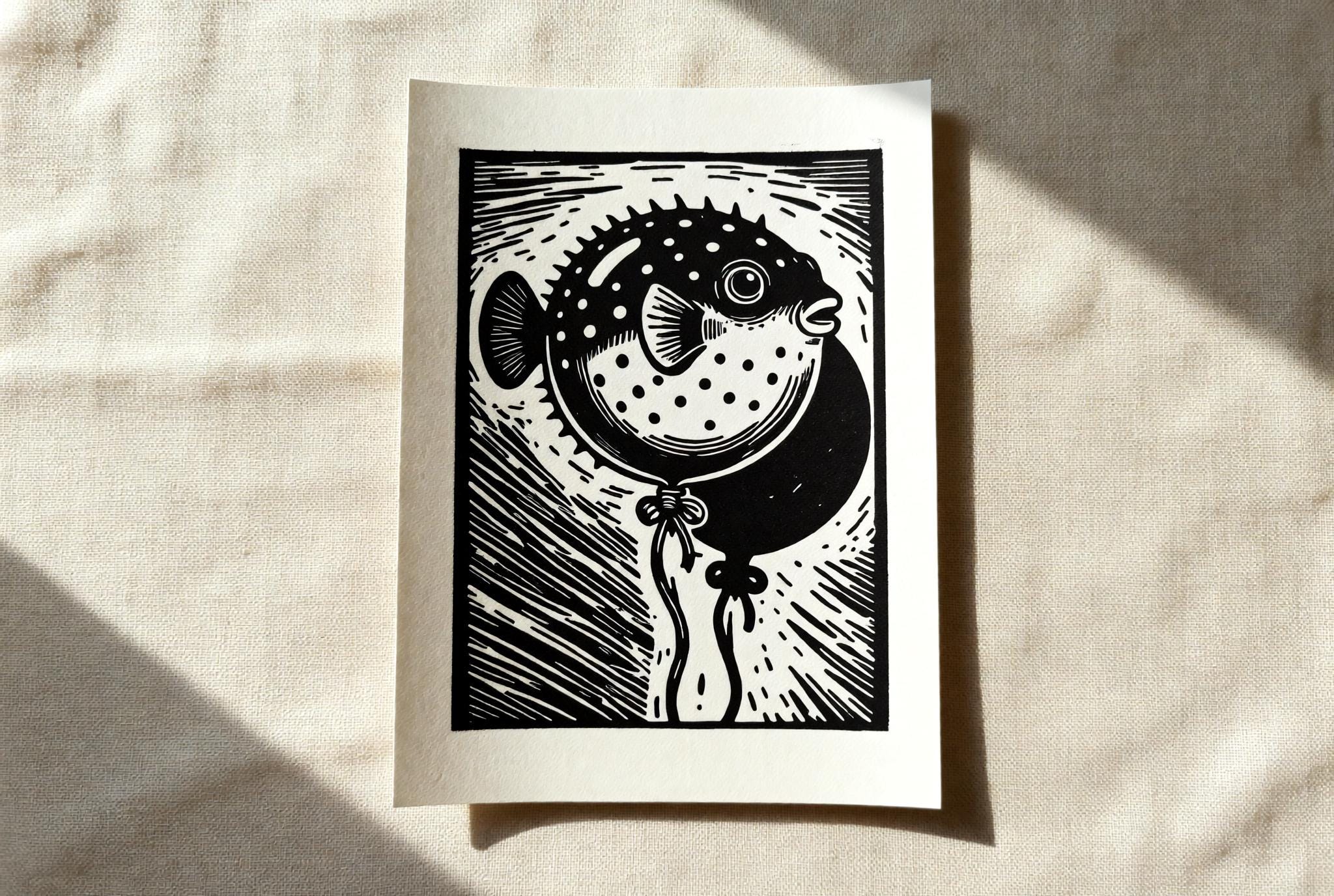 Handmade linocut print of a pufferfish as a balloon floating on a string, dotted texture and movement lines