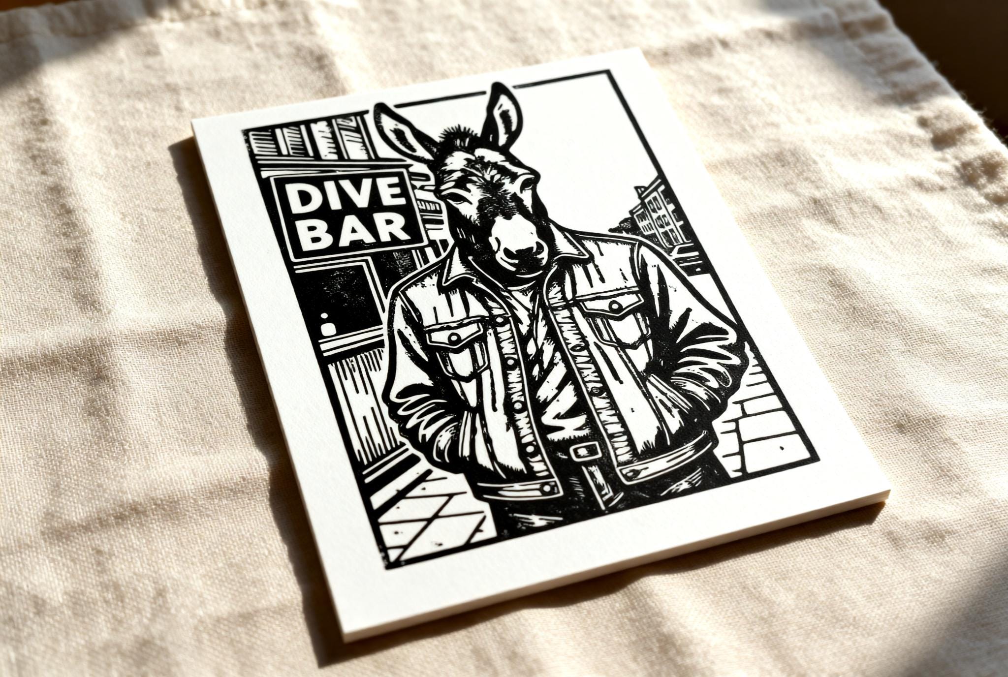 Handmade linocut print of a donkey in a denim jacket standing outside a dive bar at night
