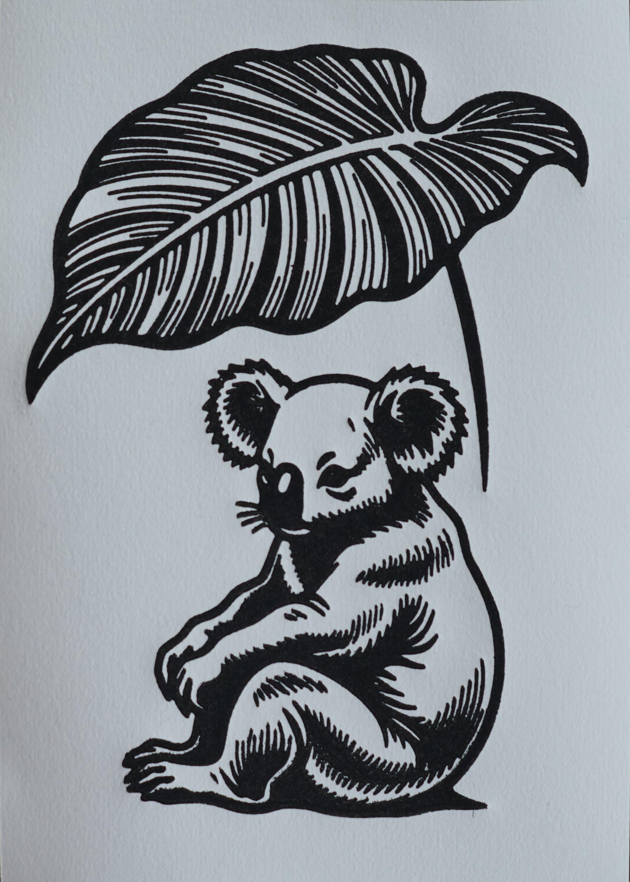 Original linocut print Koala Linocut Print — ink texture and paper detail view