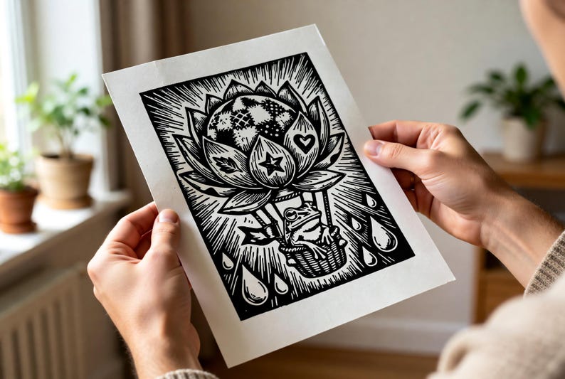 Handmade frog linocut print — Frog Hot Air Balloon Linocut Print — A5 wall art by Peter Gedeon