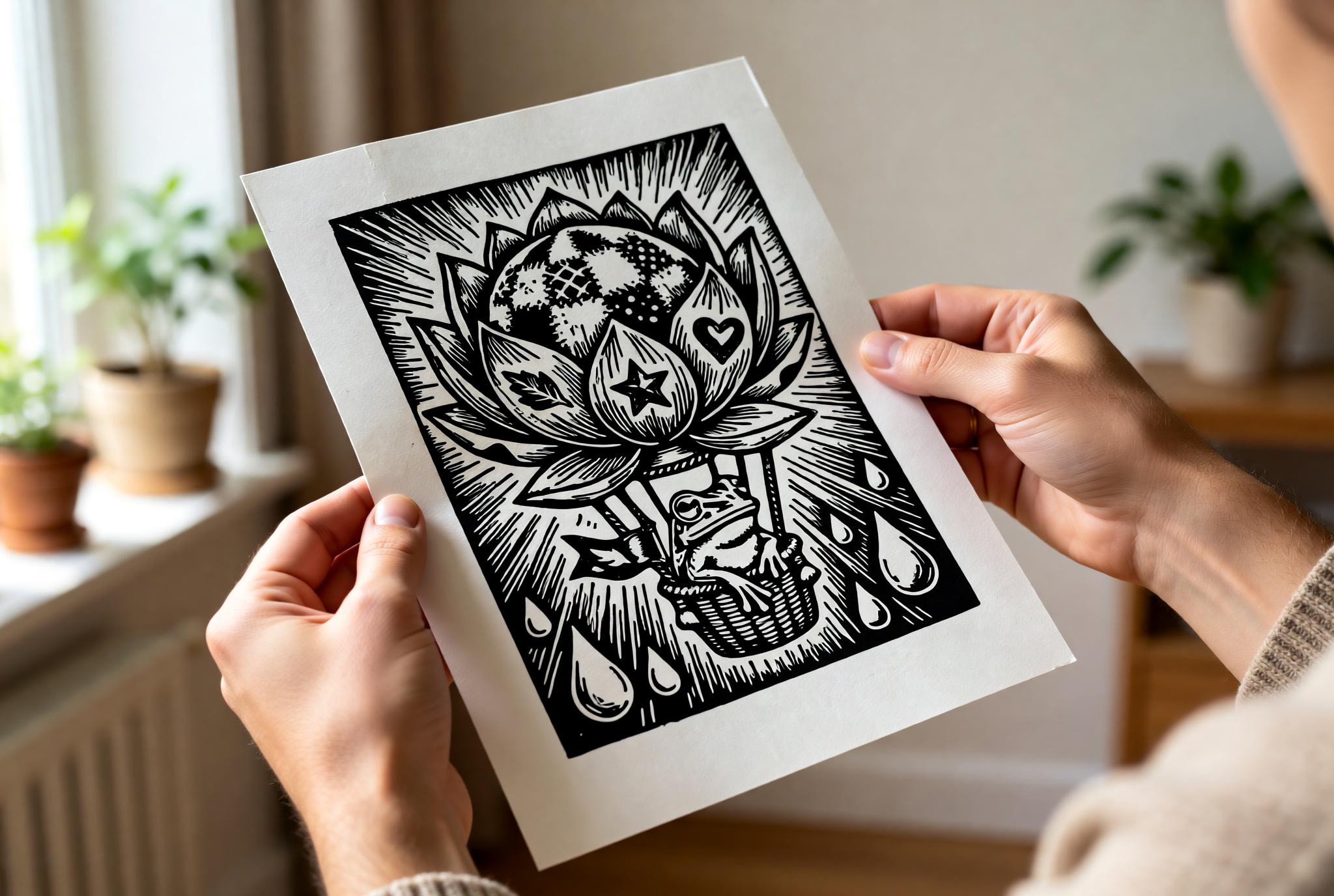 Handmade linocut print of a frog riding in a hot air balloon with a lotus flower design and patchwork details