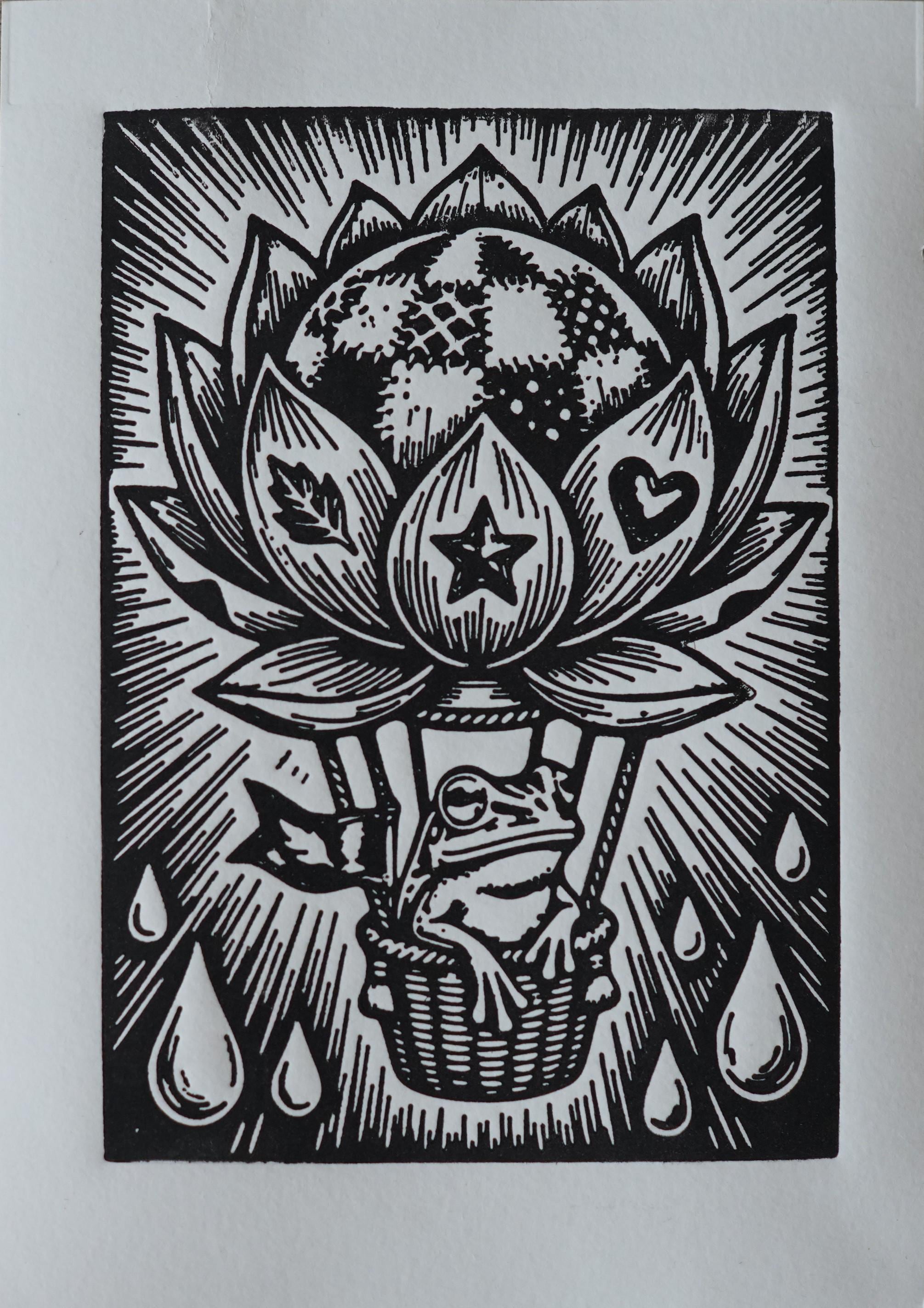 Frog Hot Air Balloon Linocut Print handmade block print on 300gsm watercolor paper A5 size