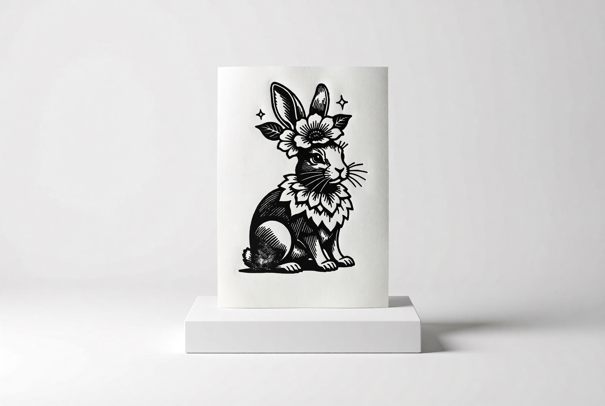 Floral Easter Bunny Linocut Print linocut wall art — handmade relief print detail showing printmaking process