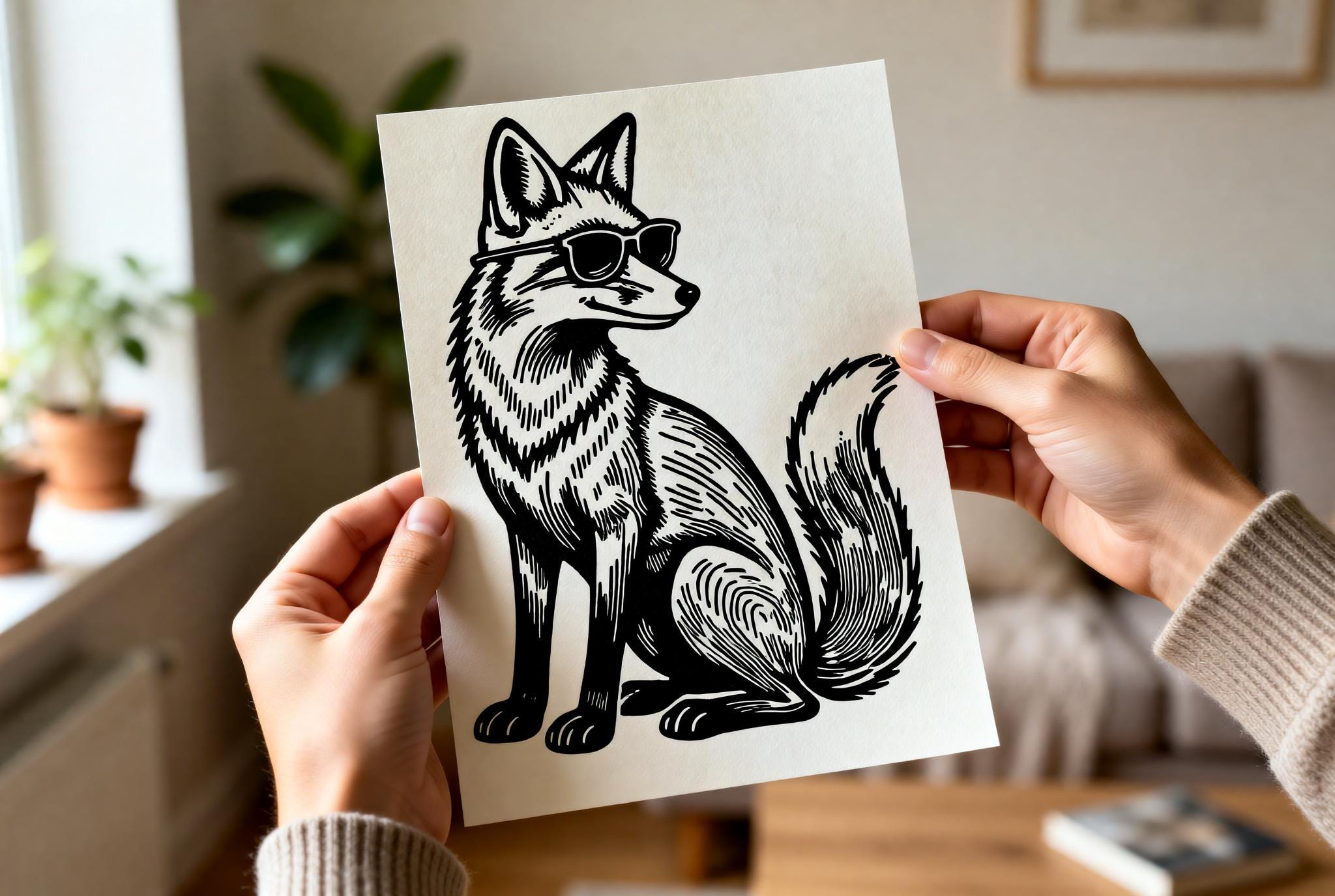 Original linocut print Fox Linocut Print | Handmade A5 Minimalist Art — ink texture and paper detail view