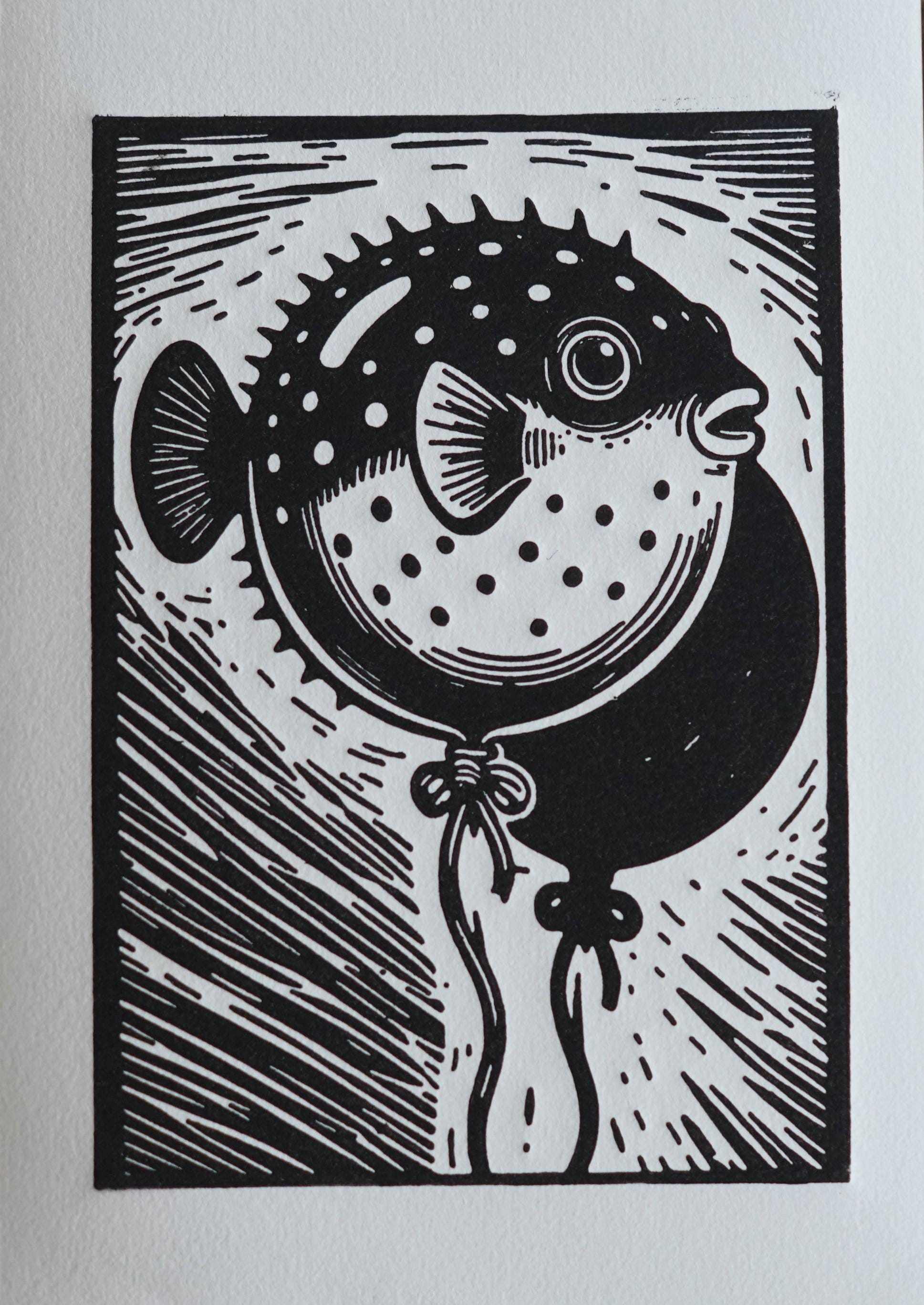 Original linocut print Pufferfish Balloon Linocut Print — ink texture and paper detail view