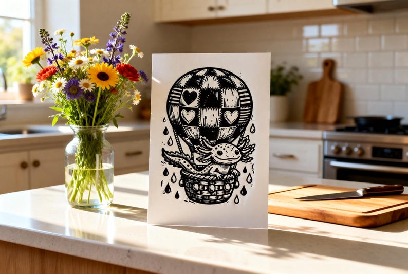 May include: Black and white illustration of an axolotl in a hot air balloon with heart-shaped patches. The axolotl is in a woven basket, with raindrops falling around it. The balloon has a checkered pattern.