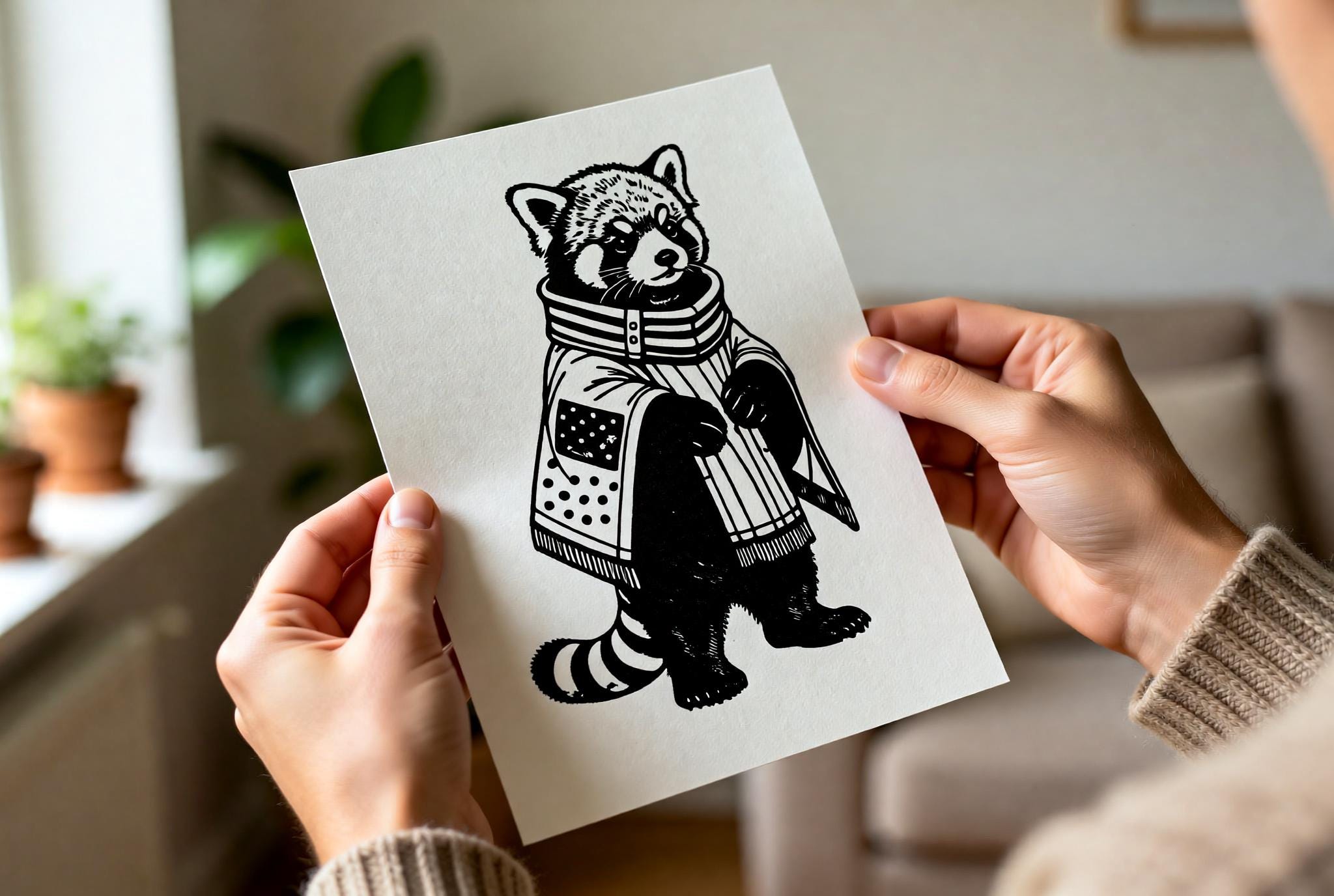 Original linocut print Red Panda Linocut Print — ink texture and paper detail view