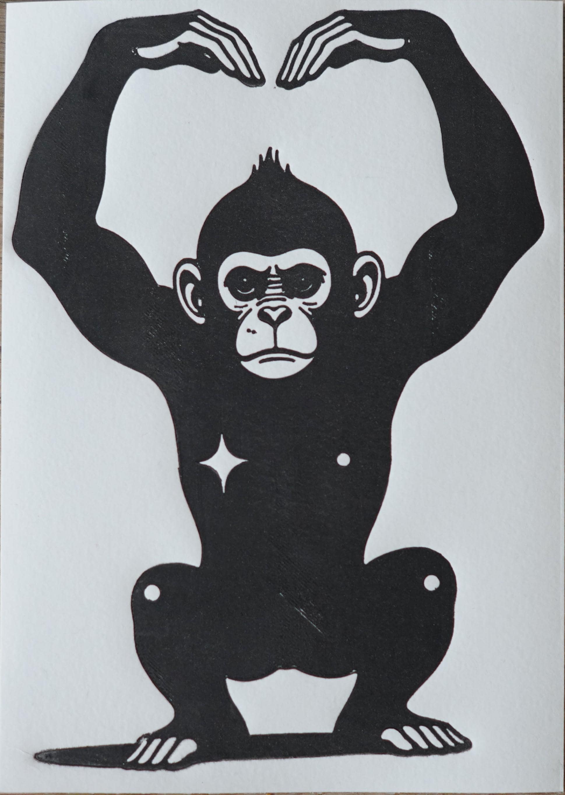 Hand-printed Handmade Monkey Linocut Print A5 art print — black ink on white cotton paper