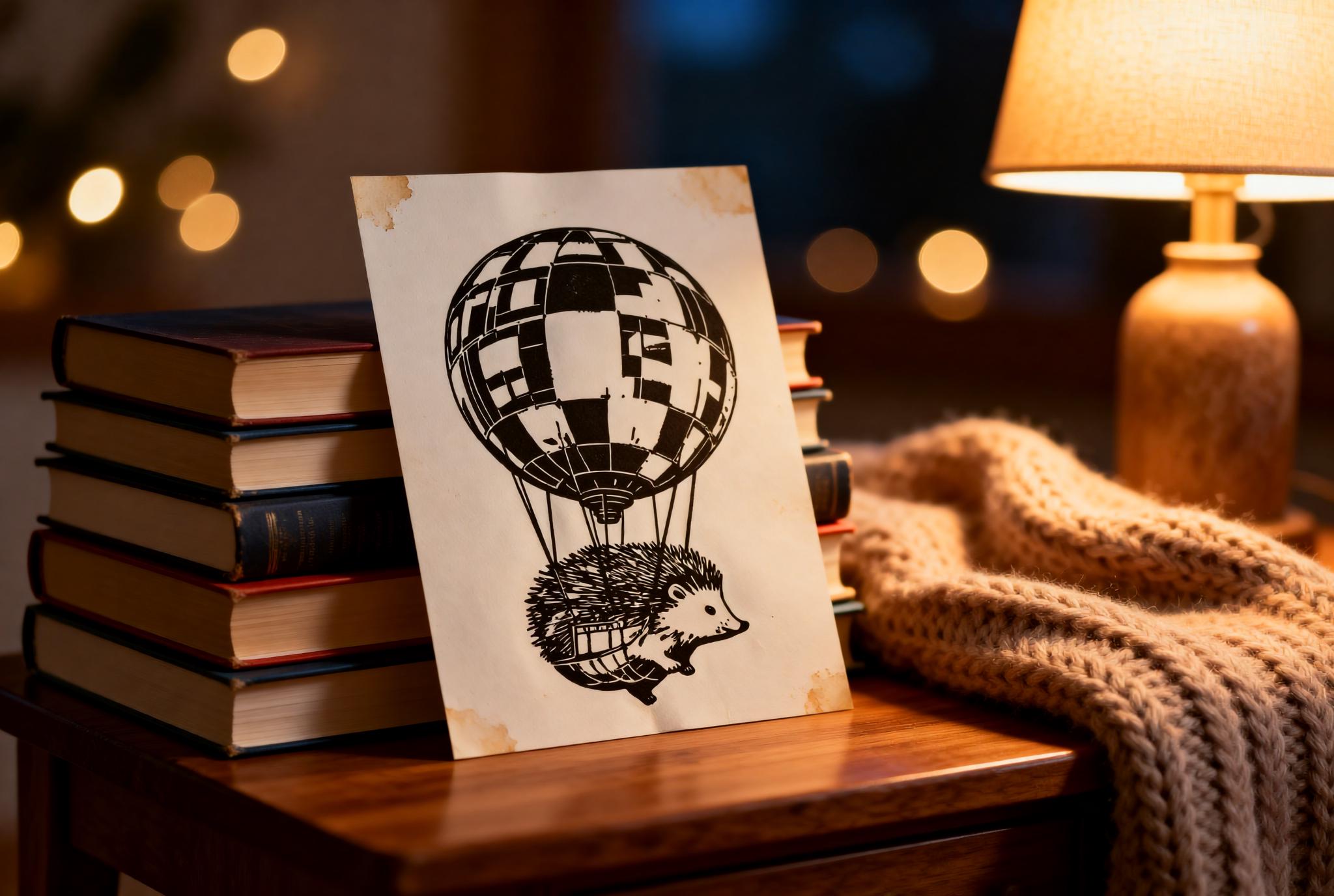 Hedgehog Hot Air Balloon Linocut Print handmade block print on 300gsm watercolor paper A5 size