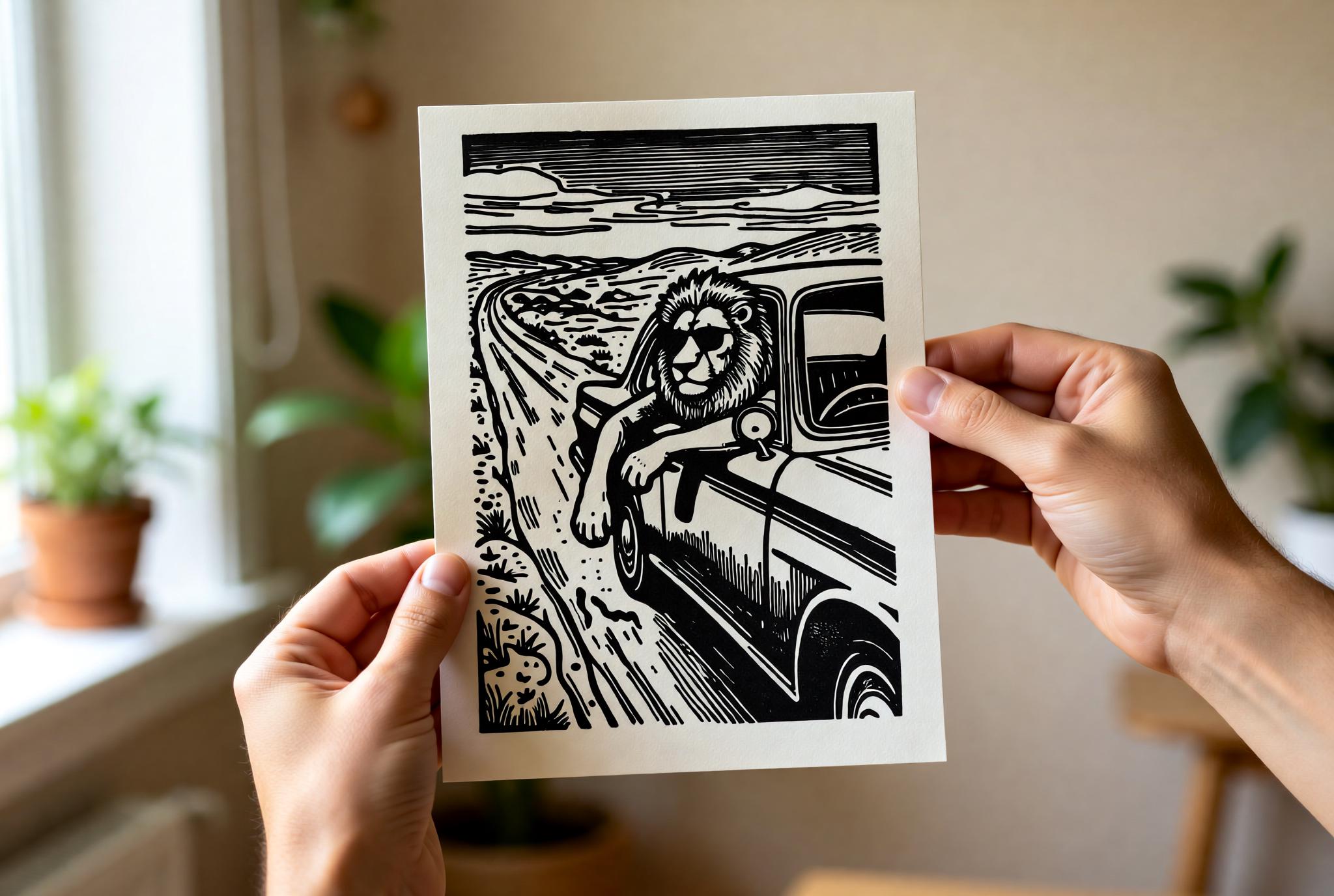 Handmade linocut print of a lion leaning out of a vintage car window on a road trip with open landscape