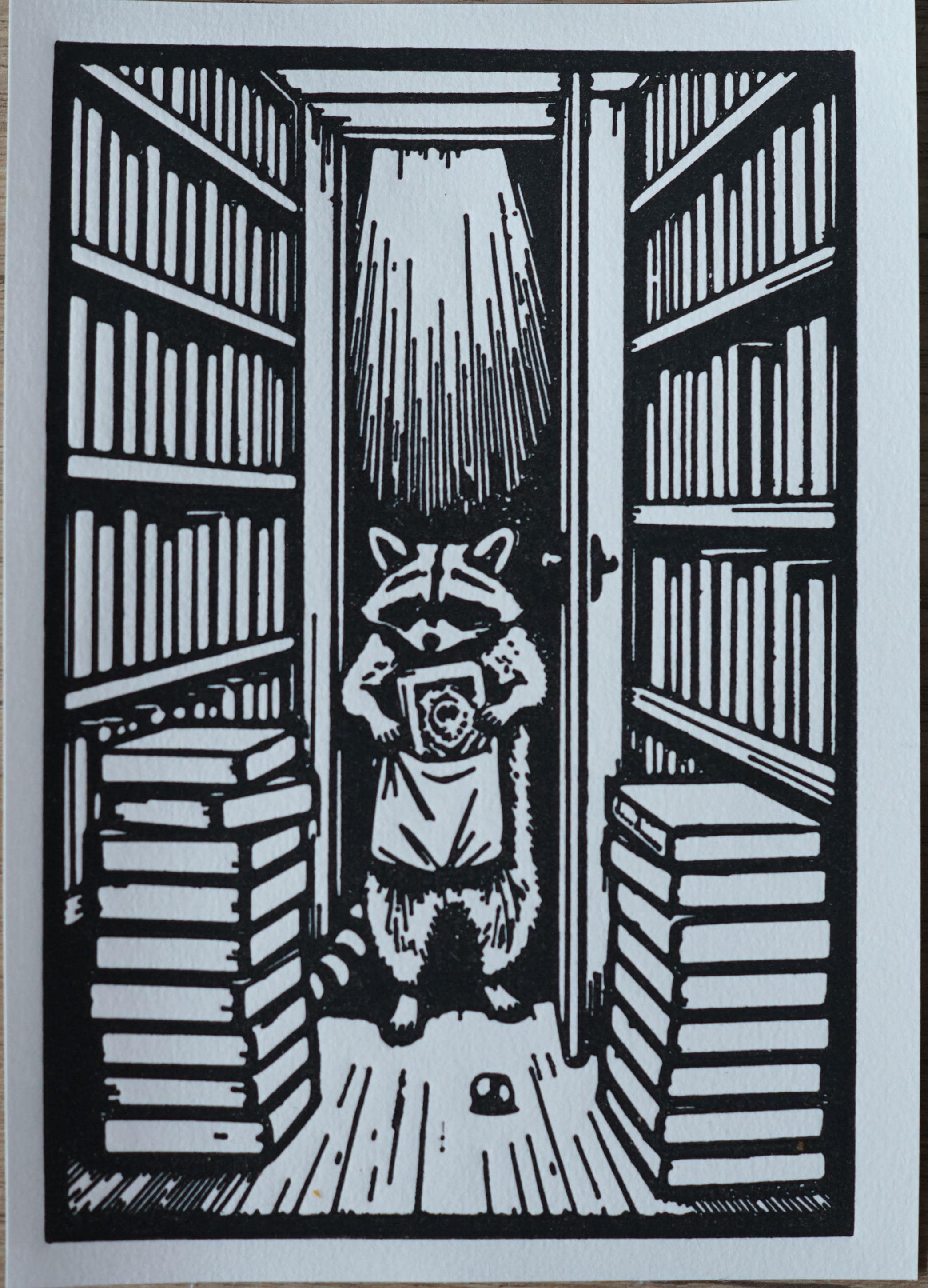 Original linocut print Raccoon Book Bandit Linocut Print — ink texture and paper detail view