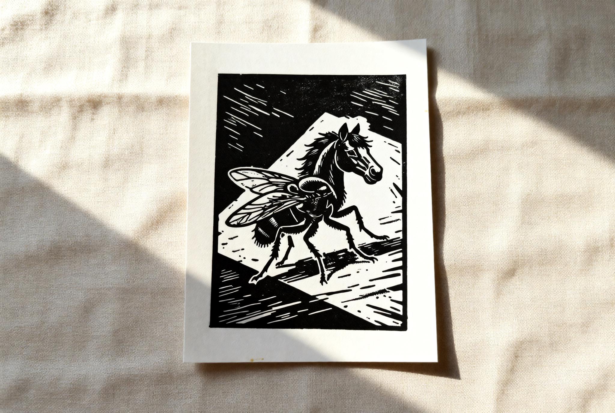 Handmade linocut print of a surreal horsefly hybrid creature with insect wings and horse body, folk horror style