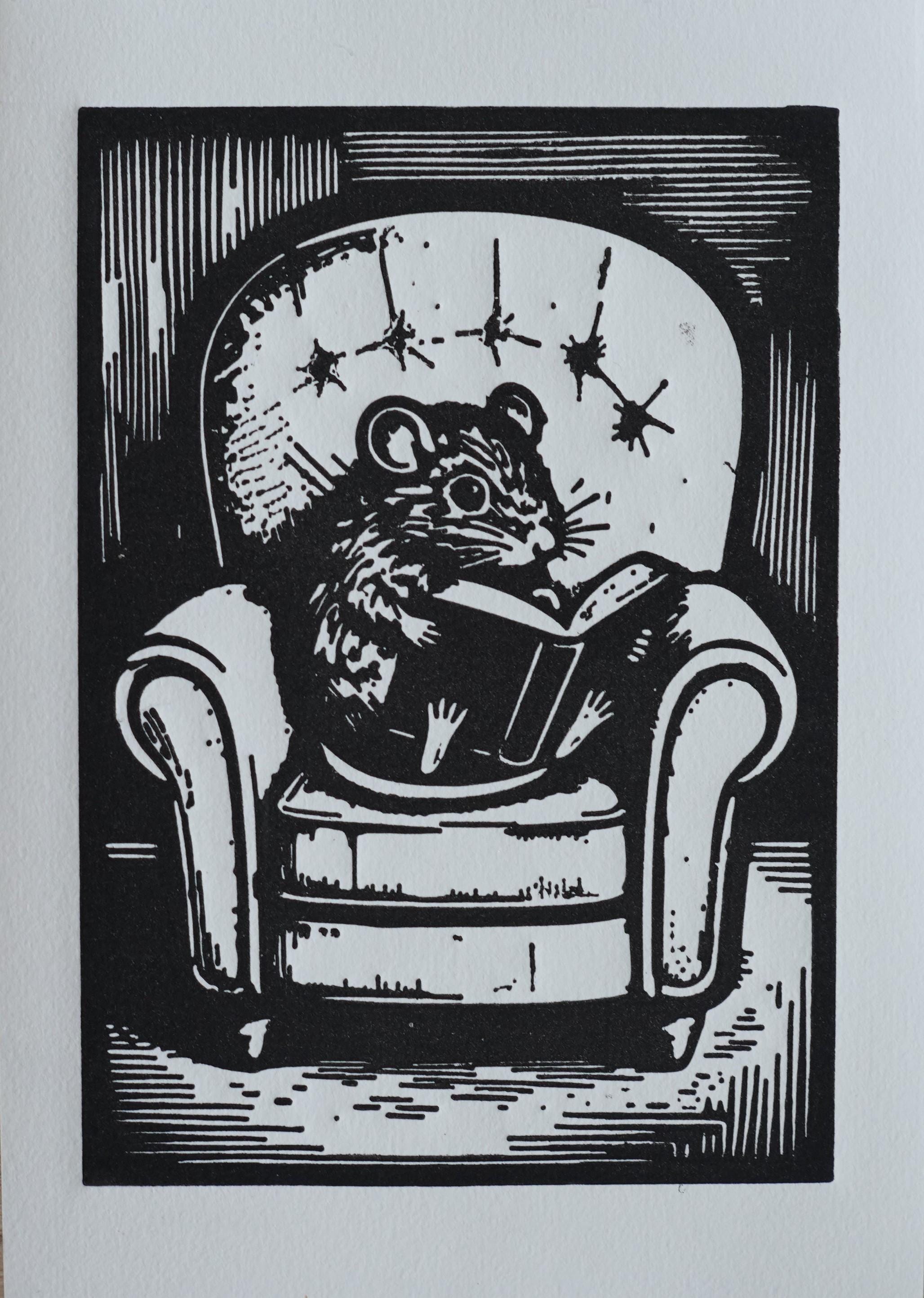 Reading Mouse Linocut Print handmade block print on 300gsm watercolor paper A5 size
