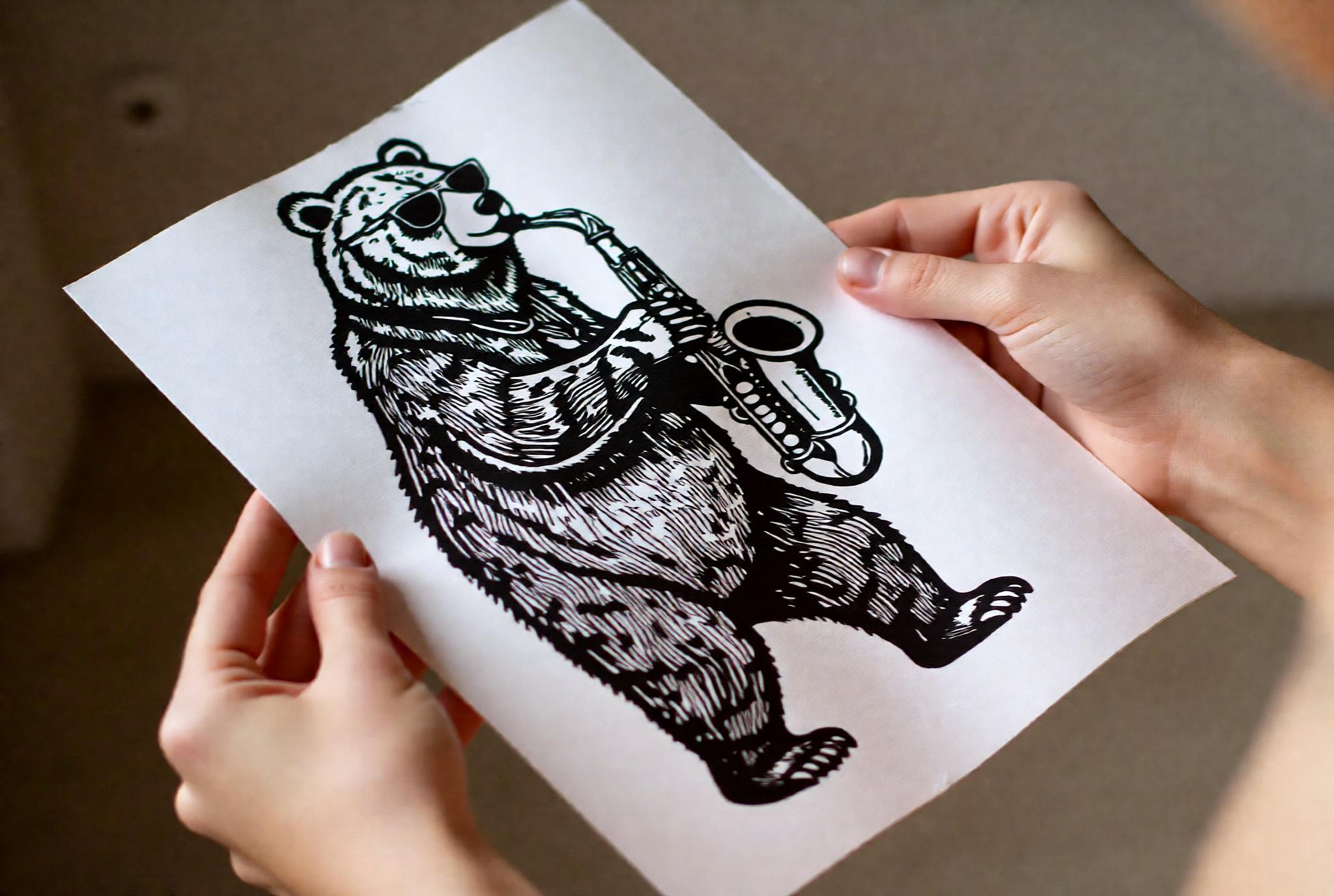 Hand-printed Jazz Bear Linocut Print A5 art print — black ink on white cotton paper