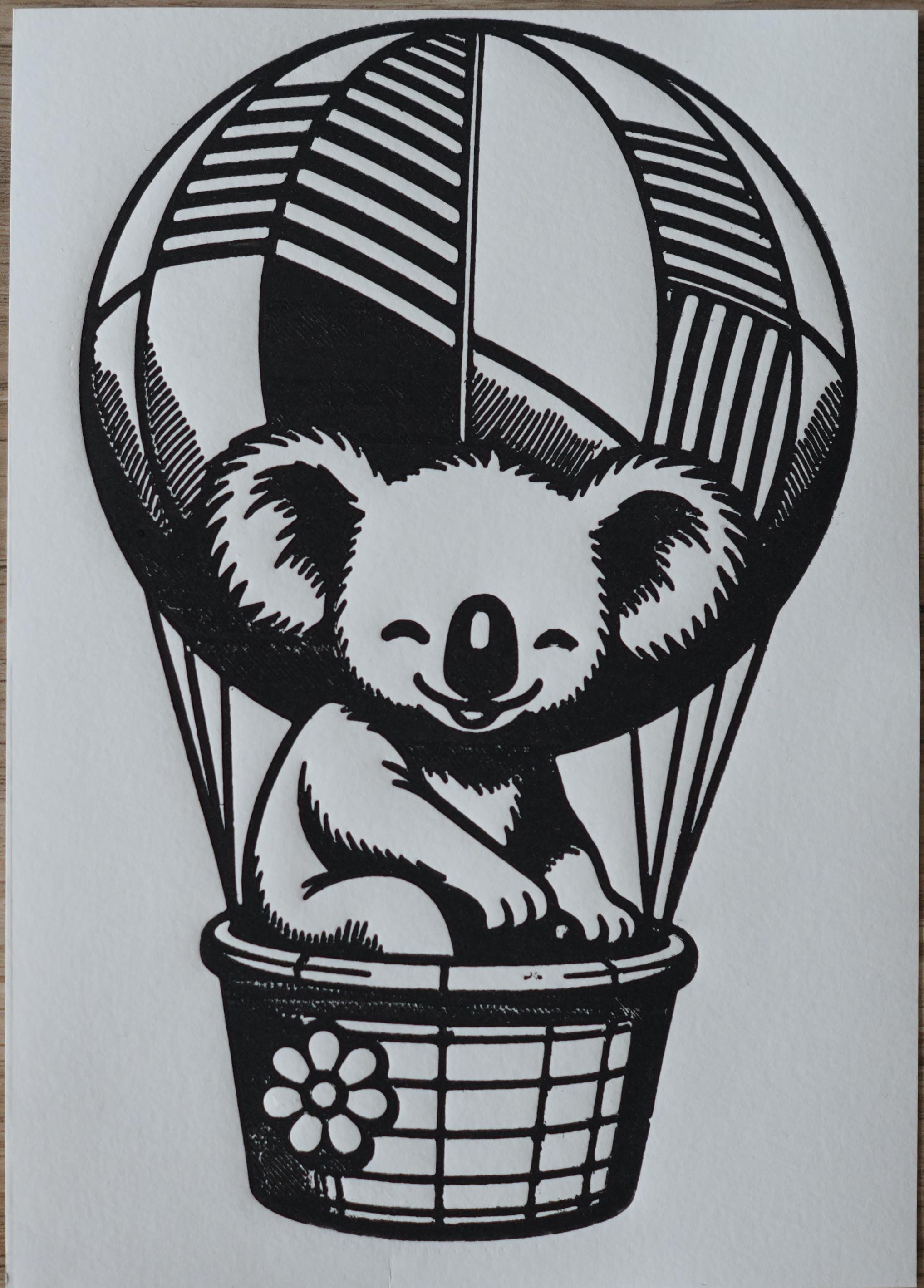 Original linocut print Koala Hot Air Balloon Linocut Print — ink texture and paper detail view