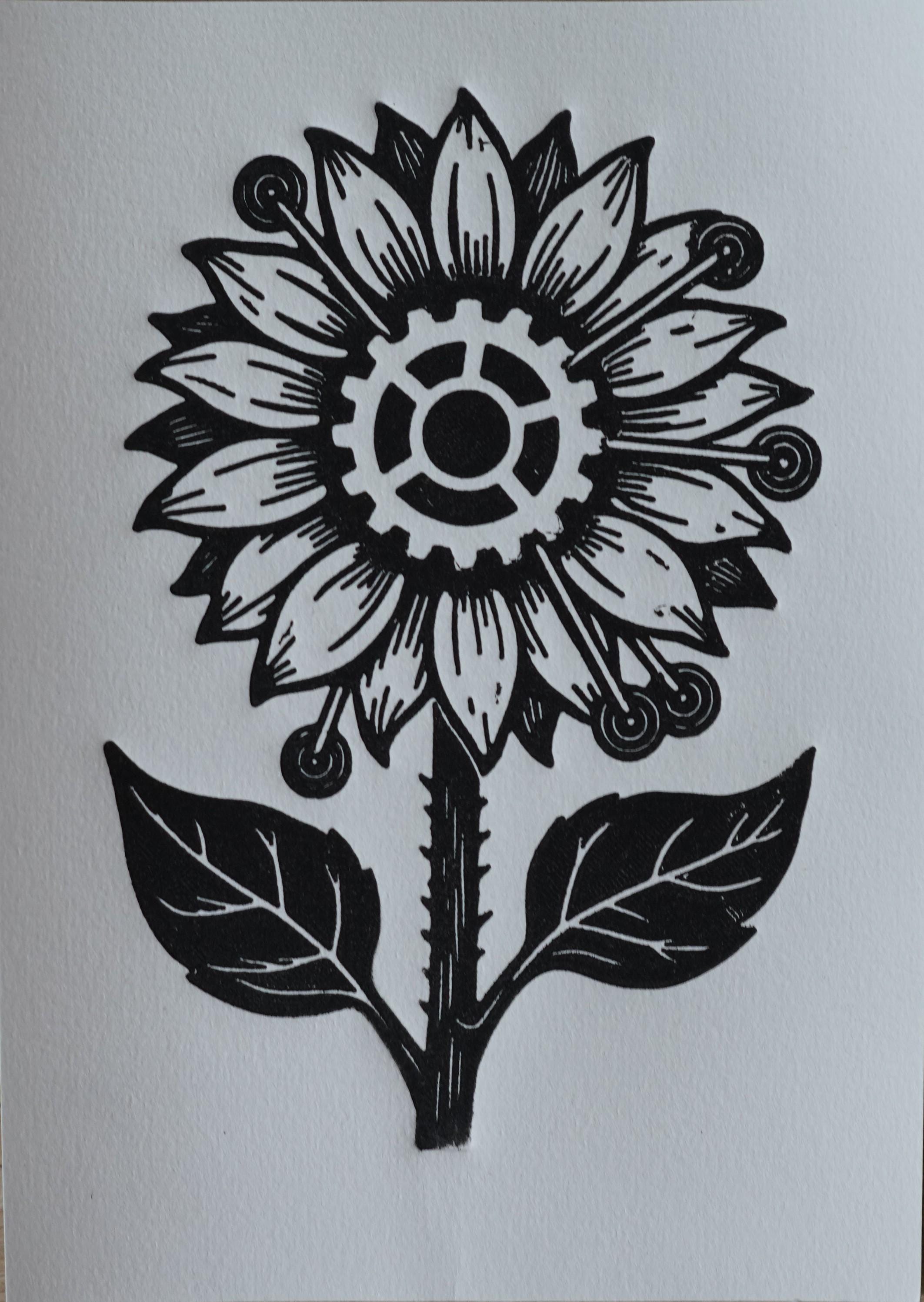 Original linocut print Steampunk Sunflower Linocut Print — ink texture and paper detail view