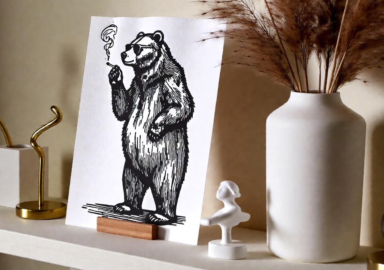 Cool Smoking Bear Linocut Print with Sunglasses handmade block print on 300gsm watercolor paper A5 size