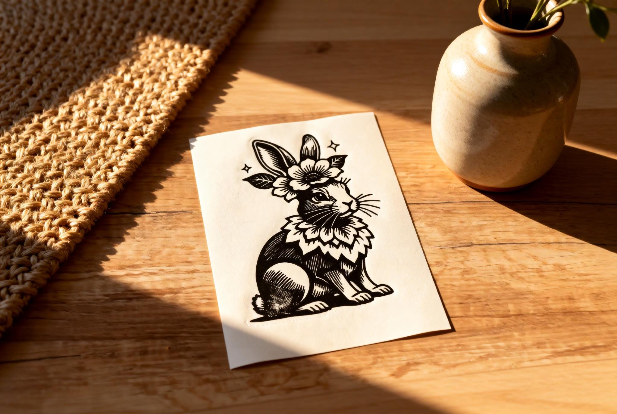 Original linocut print Floral Easter Bunny Linocut Print — ink texture and paper detail view