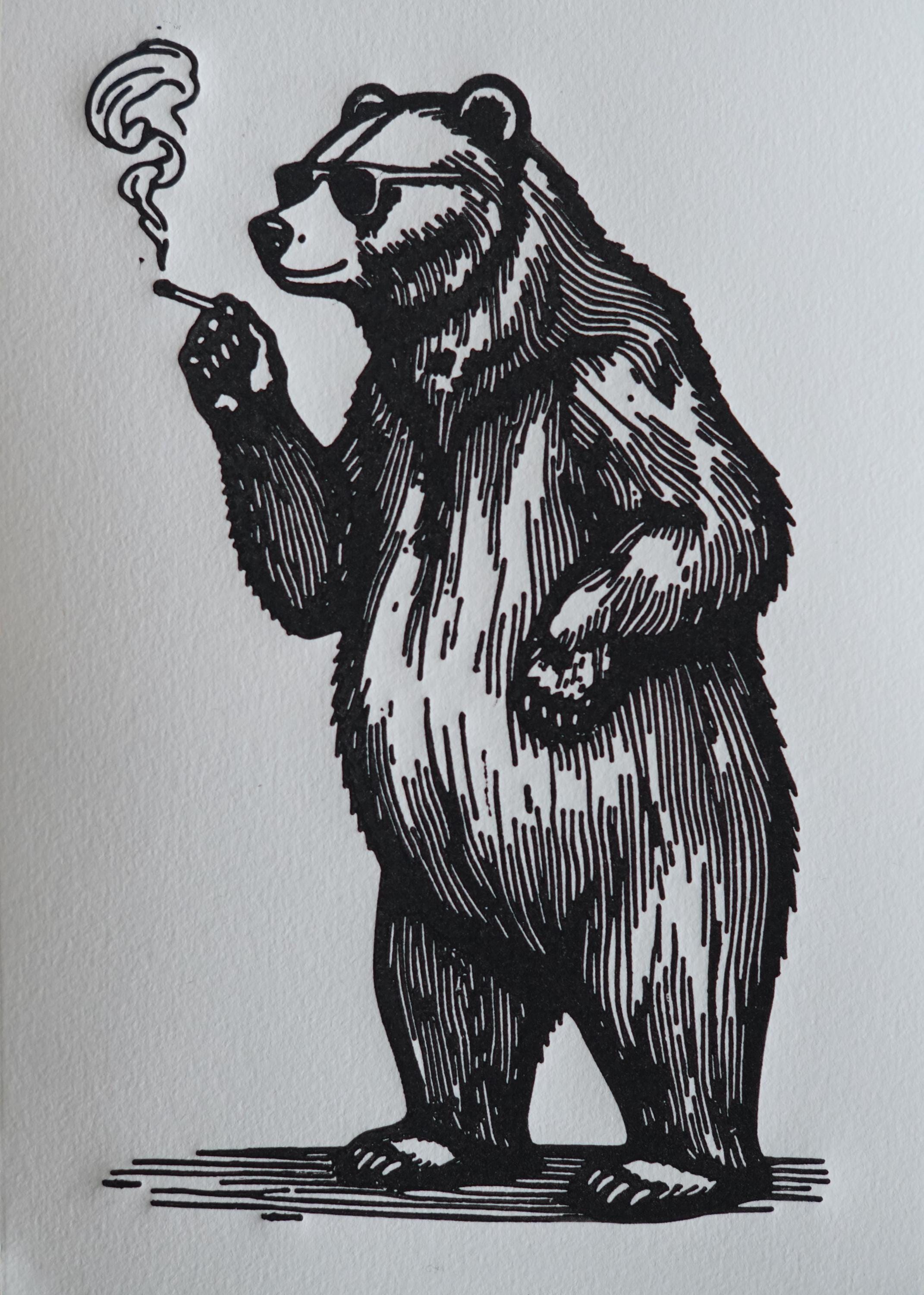 Original linocut print Cool Smoking Bear Linocut Print with Sunglasses — ink texture and paper detail view