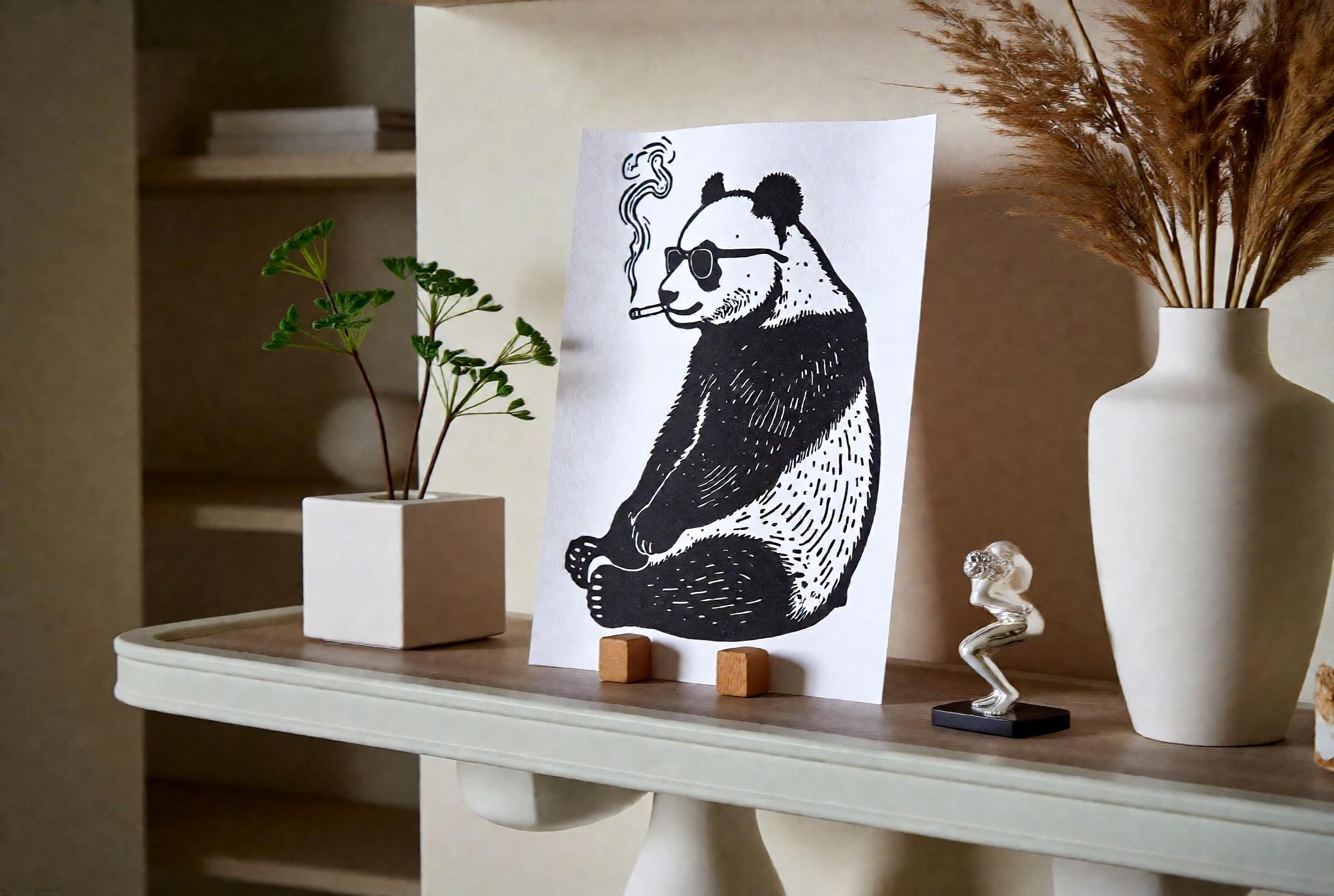 Close-up detail of handmade Smoking Panda Wearing Sunglasses Linocut Print linocut relief print showing carved texture