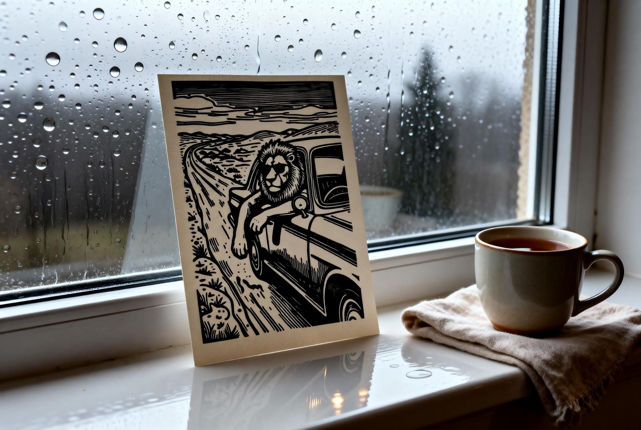 Lion Road Trip Linocut Print handmade block print on 300gsm watercolor paper A5 size
