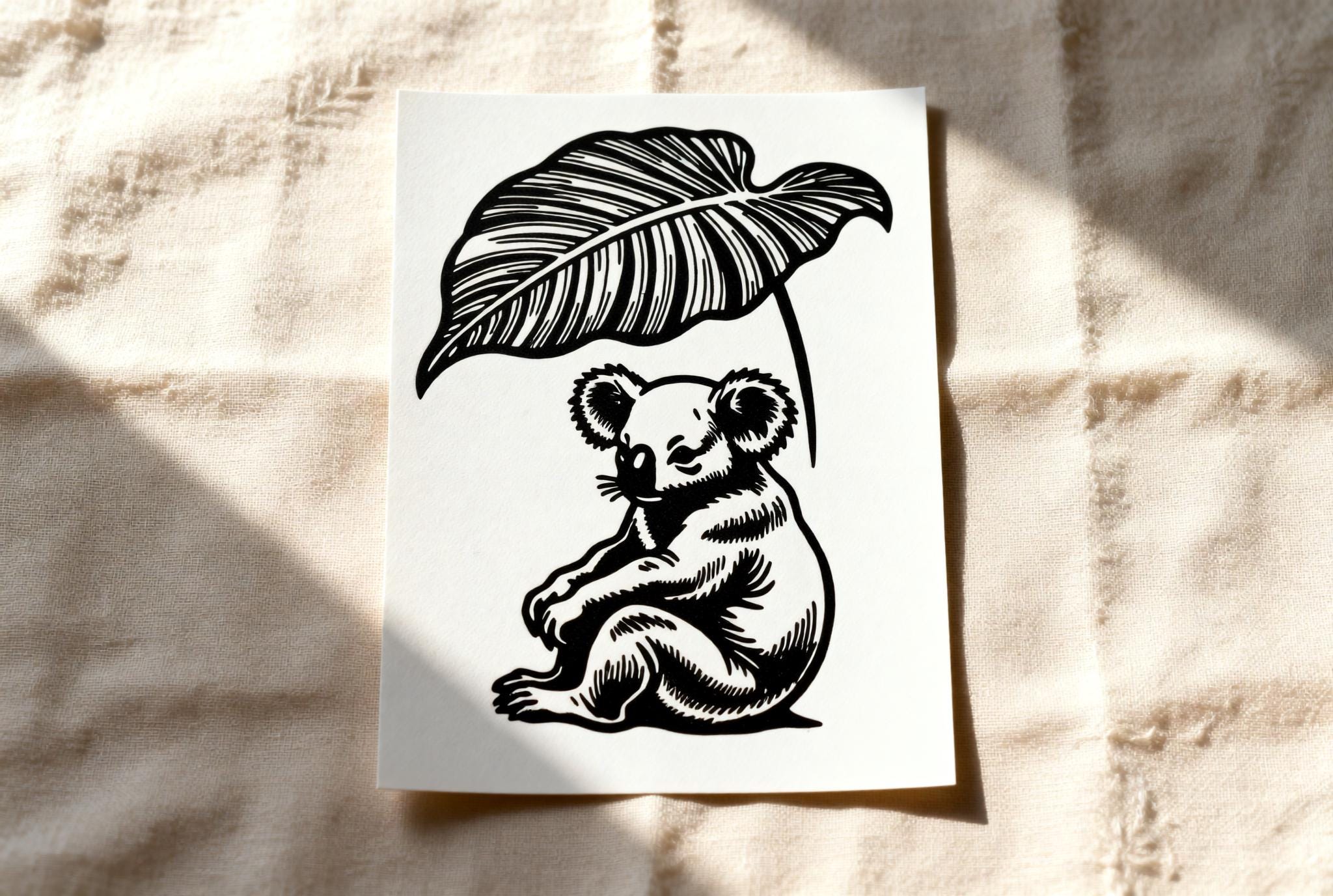 Handmade linocut print of a koala sitting peacefully under a large tropical leaf like an umbrella