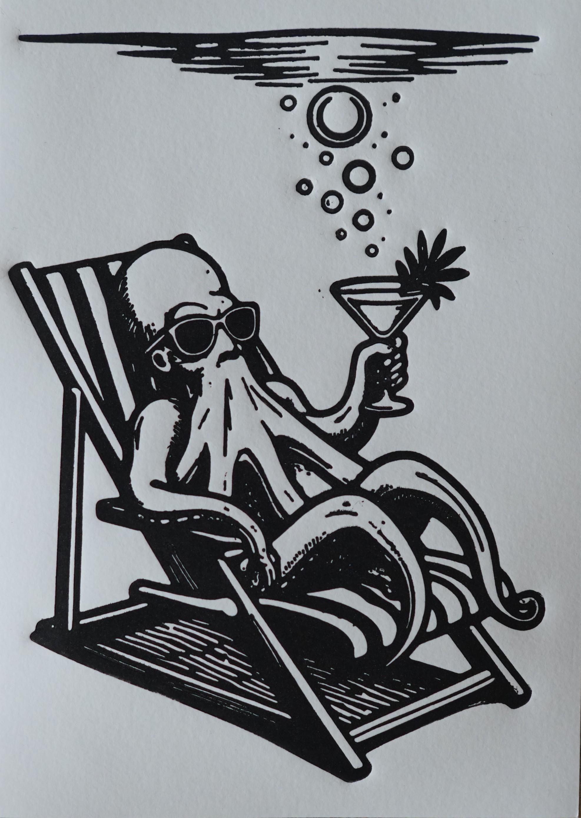 Original linocut print Chill Octopus Linocut Print — ink texture and paper detail view