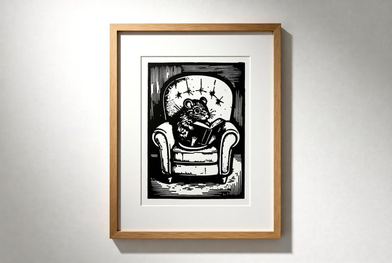 Handmade mouse linocut print — Reading Mouse Linocut Print — A5 wall art by Peter Gedeon