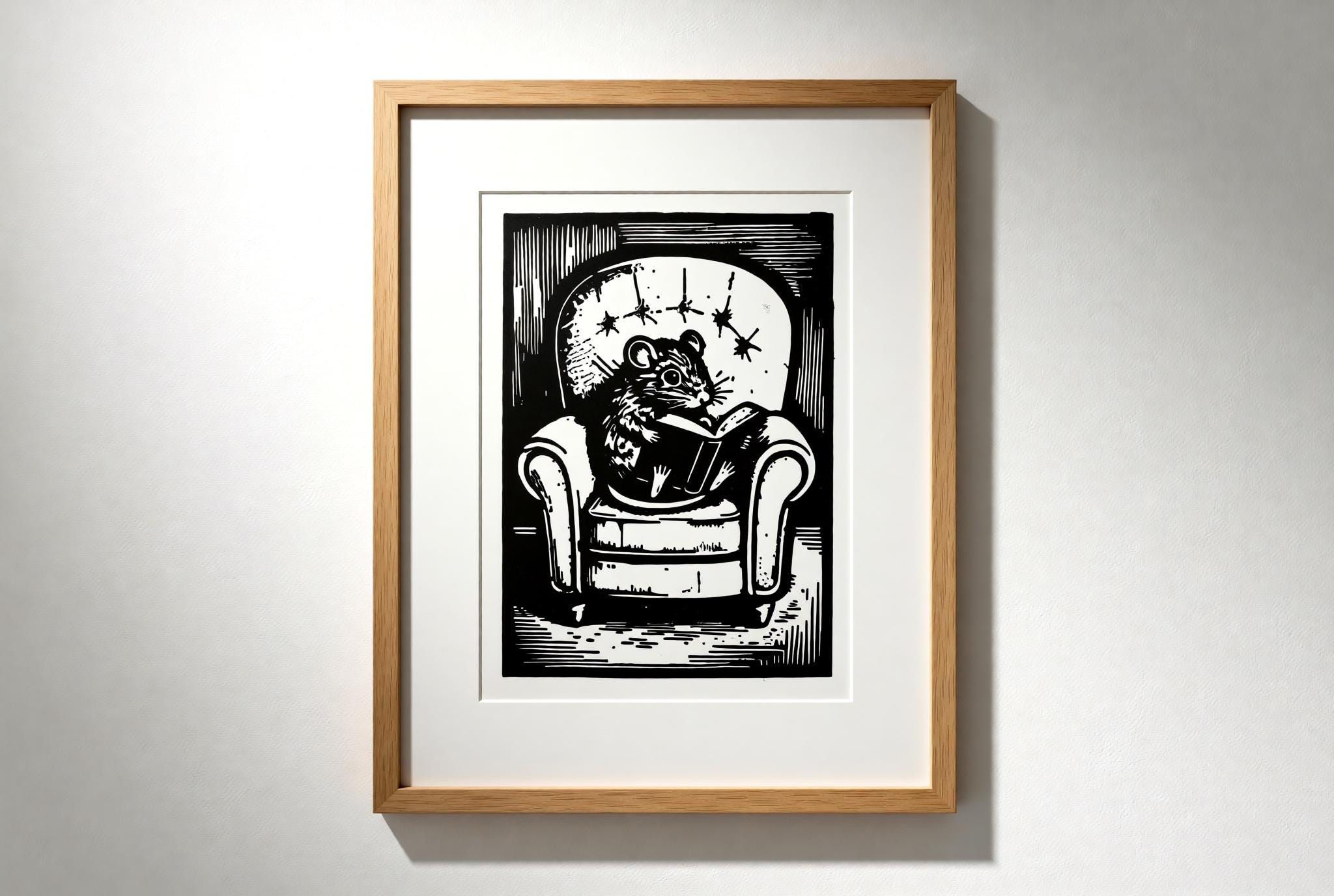 Handmade linocut print of a cozy mouse curled up in an armchair reading a book with starry lights above