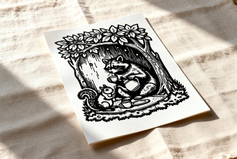 Handmade raccoon linocut print — Raccoon Tea Party Linocut Print — A5 wall art by Peter Gedeon