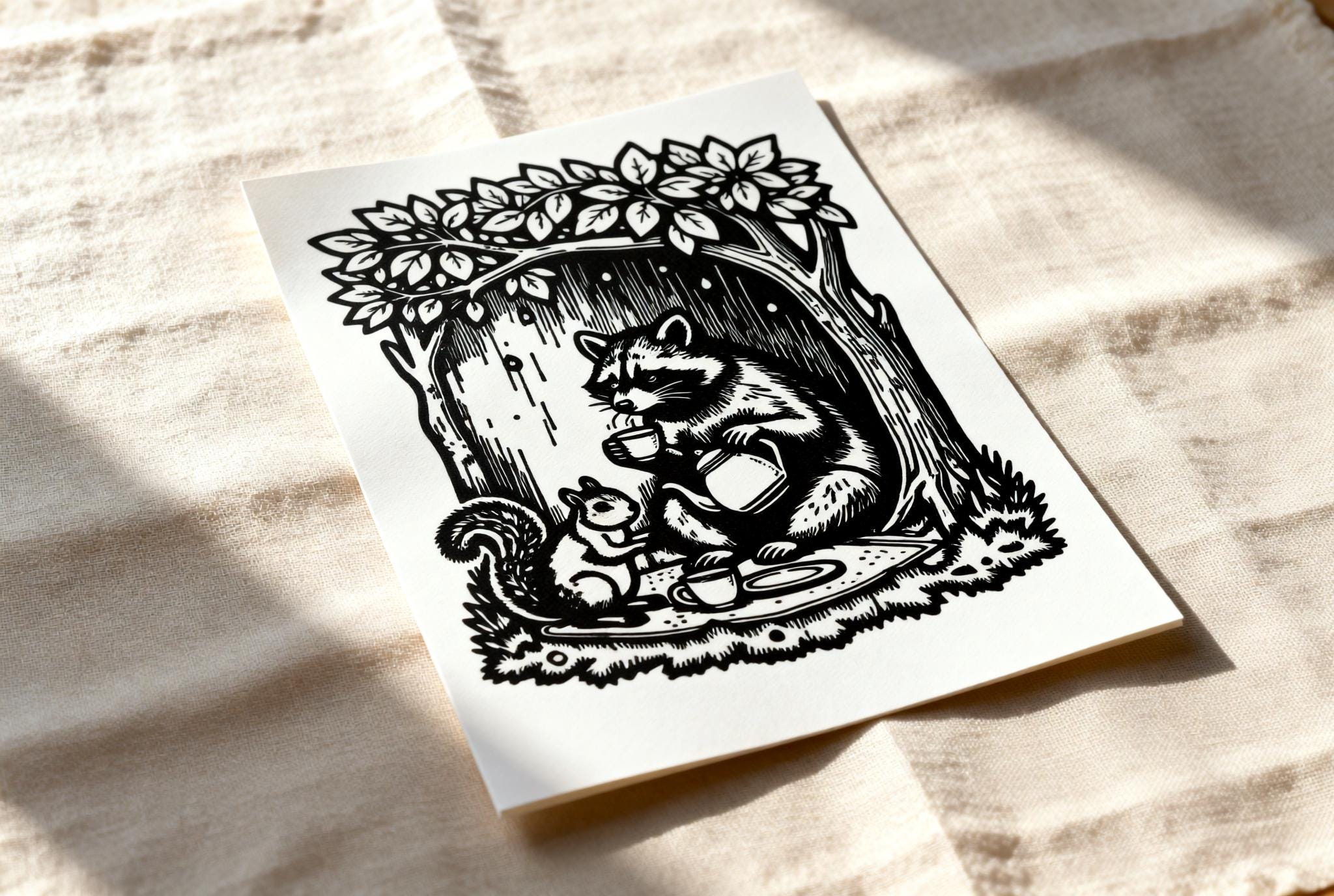 Handmade linocut print of a raccoon pouring tea for a squirrel under a leafy tree at night, cottagecore woodland scene