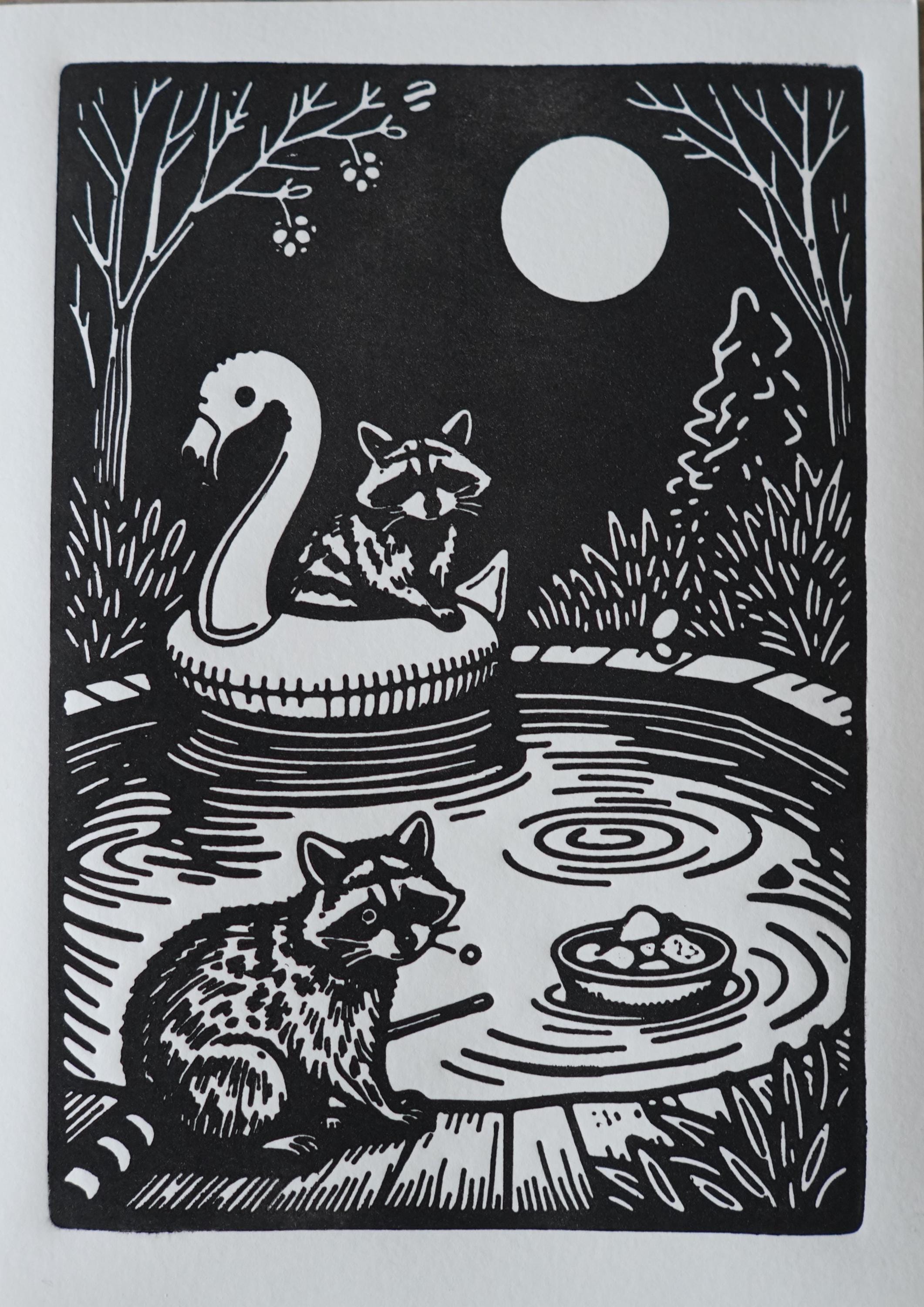 Raccoon Pool Party Linocut Print linocut wall art — handmade relief print detail showing printmaking process