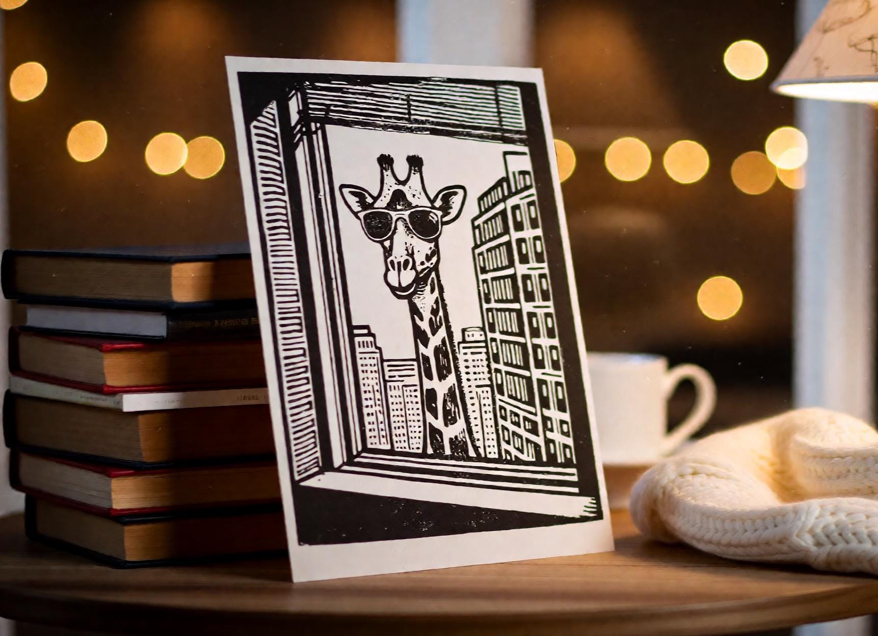 Handmade linocut print of a giraffe wearing sunglasses popping up in a city window with buildings behind it
