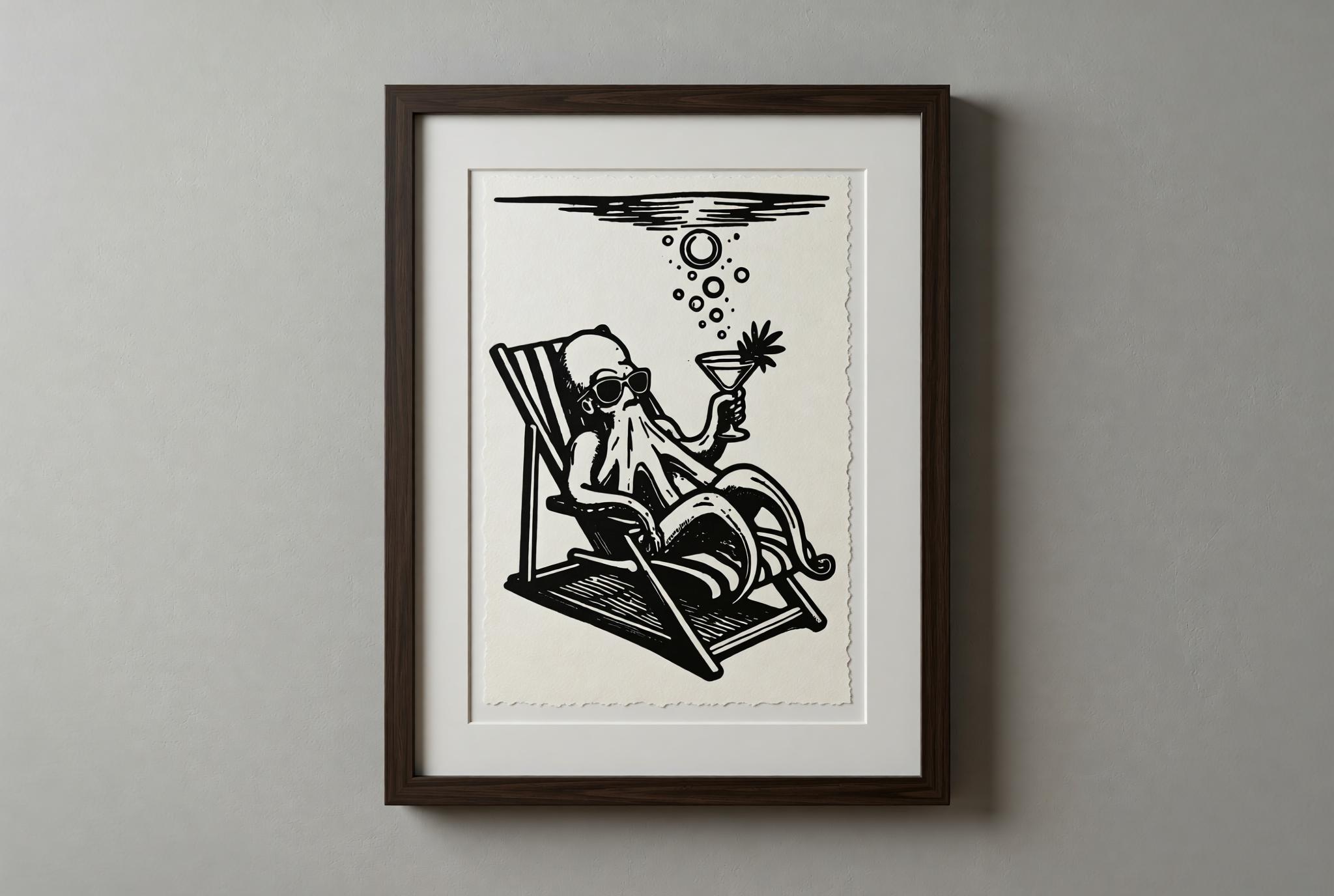 Chill Octopus Linocut Print handmade block print on 300gsm watercolor paper A5 size