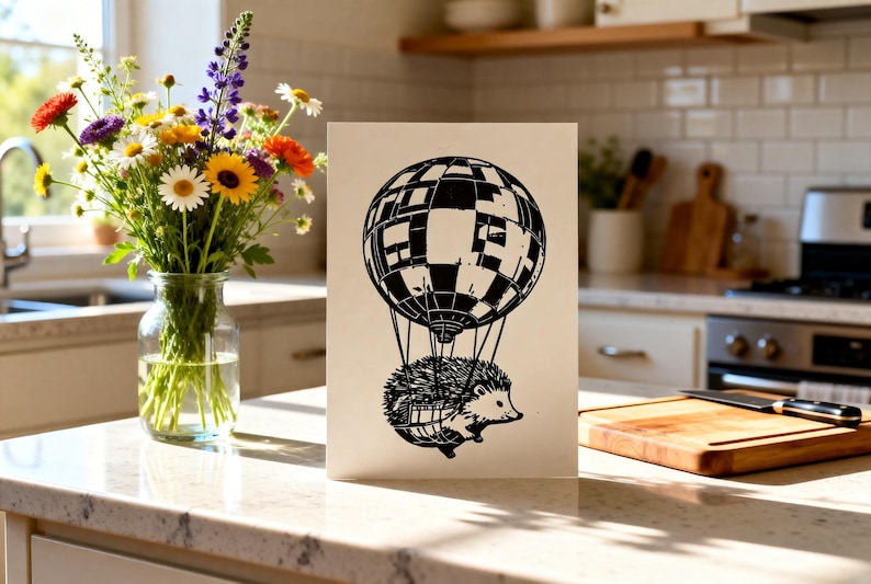 Handmade hedgehog linocut print — Hedgehog Hot Air Balloon Linocut Print — A5 wall art by Peter Gedeon