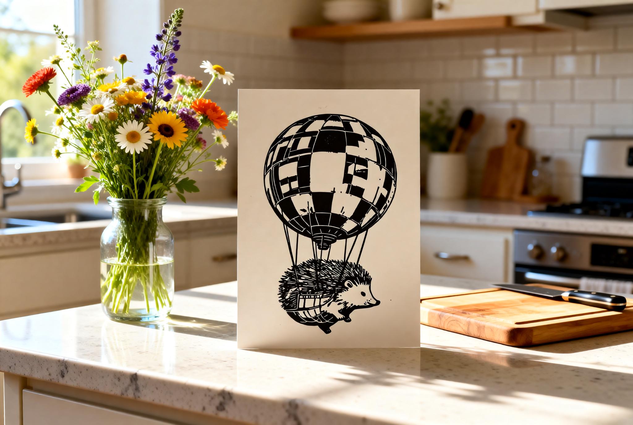 Handmade linocut print of a cute hedgehog floating in a hot air balloon basket through the sky