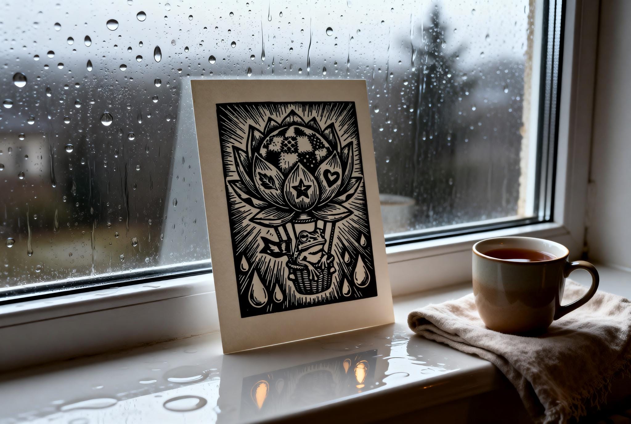 Frog Hot Air Balloon Linocut Print linocut wall art — handmade relief print detail showing printmaking process