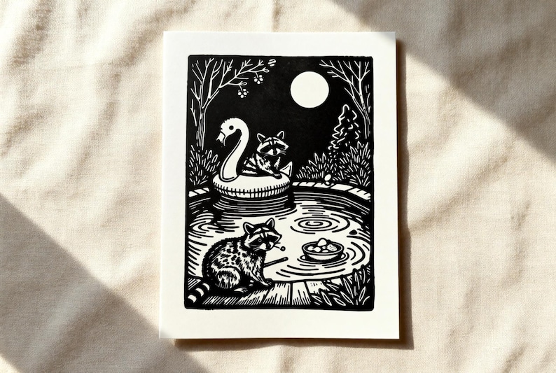 Handmade raccoon linocut print — Raccoon Pool Party Linocut Print — A5 wall art by Peter Gedeon