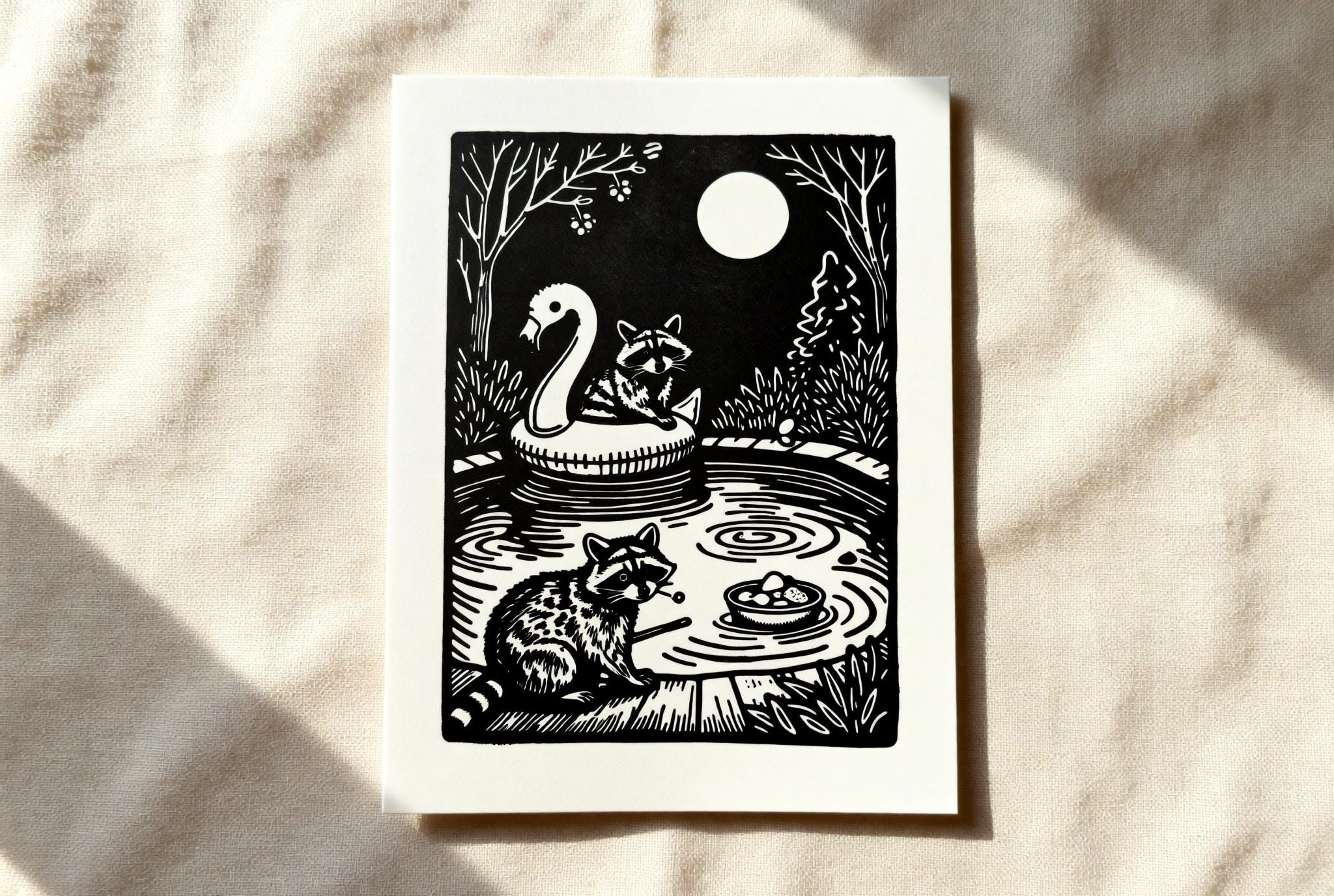 Handmade linocut print of raccoons having a pool party at night with a swan float under a full moon