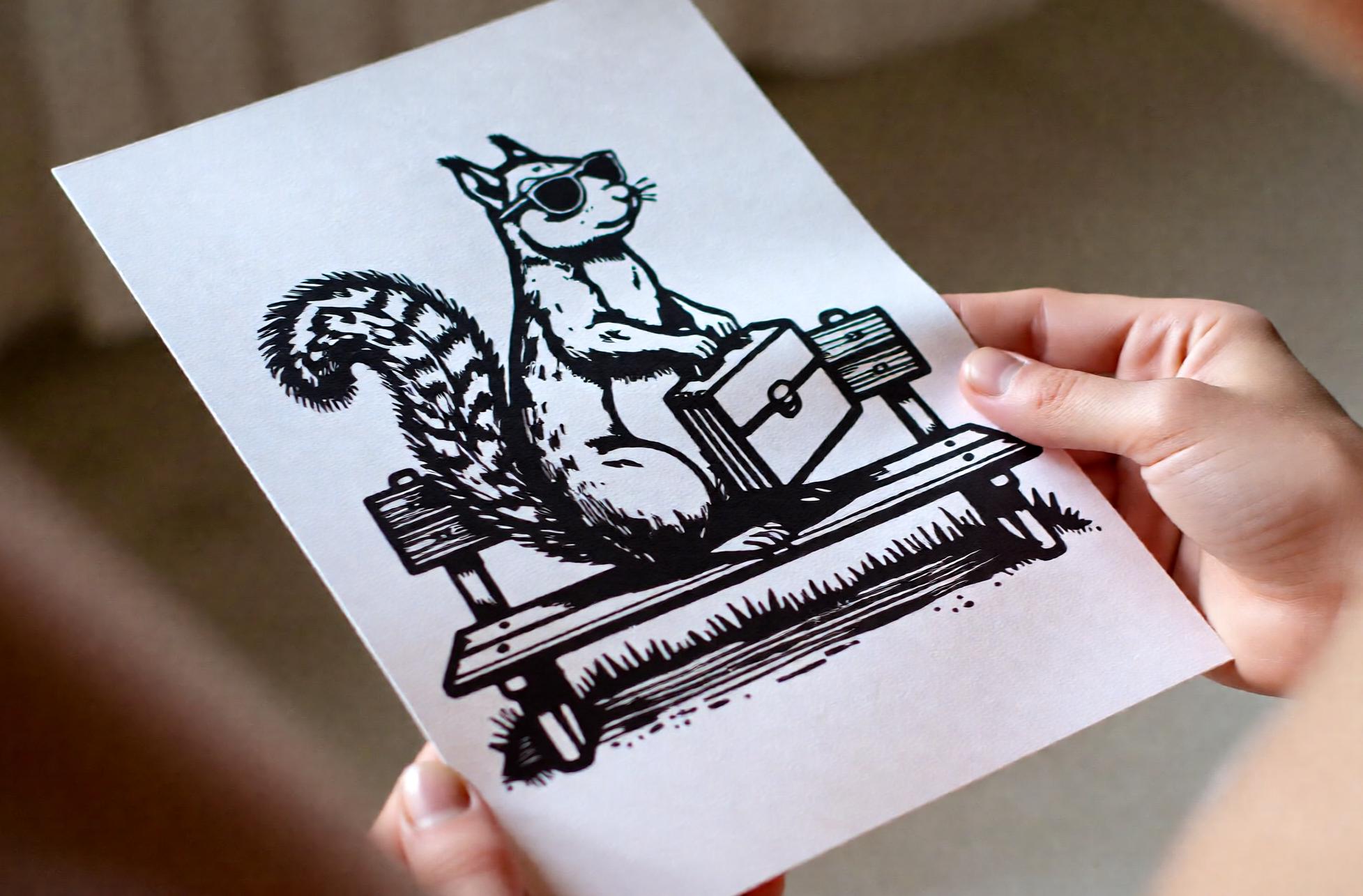 Hand-printed Secret Agent Squirrel Linocut Print A5 art print — black ink on white cotton paper