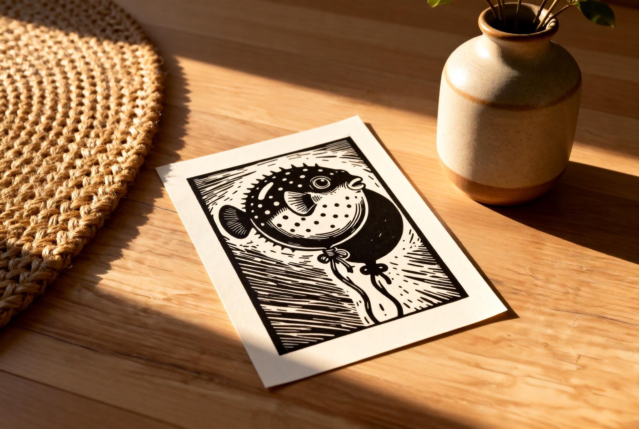 Pufferfish Balloon Linocut Print handmade block print on 300gsm watercolor paper A5 size