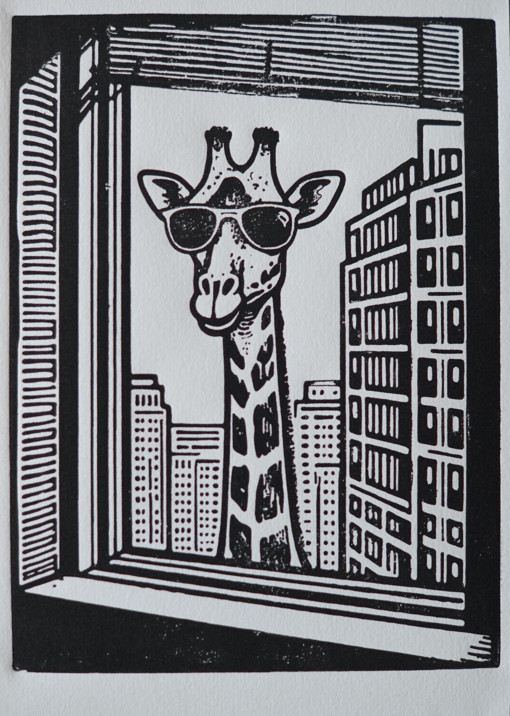 Close-up detail of handmade Giraffe Wearing Sunglasses Linocut Print linocut relief print showing carved texture