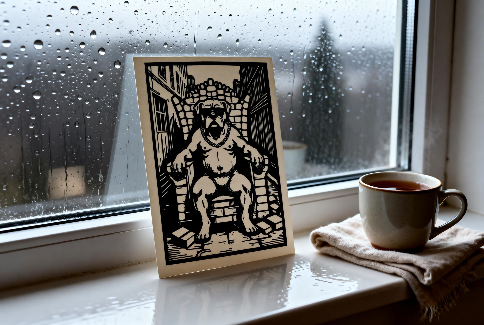 King Bulldog Linocut Print handmade block print on 300gsm watercolor paper A5 size