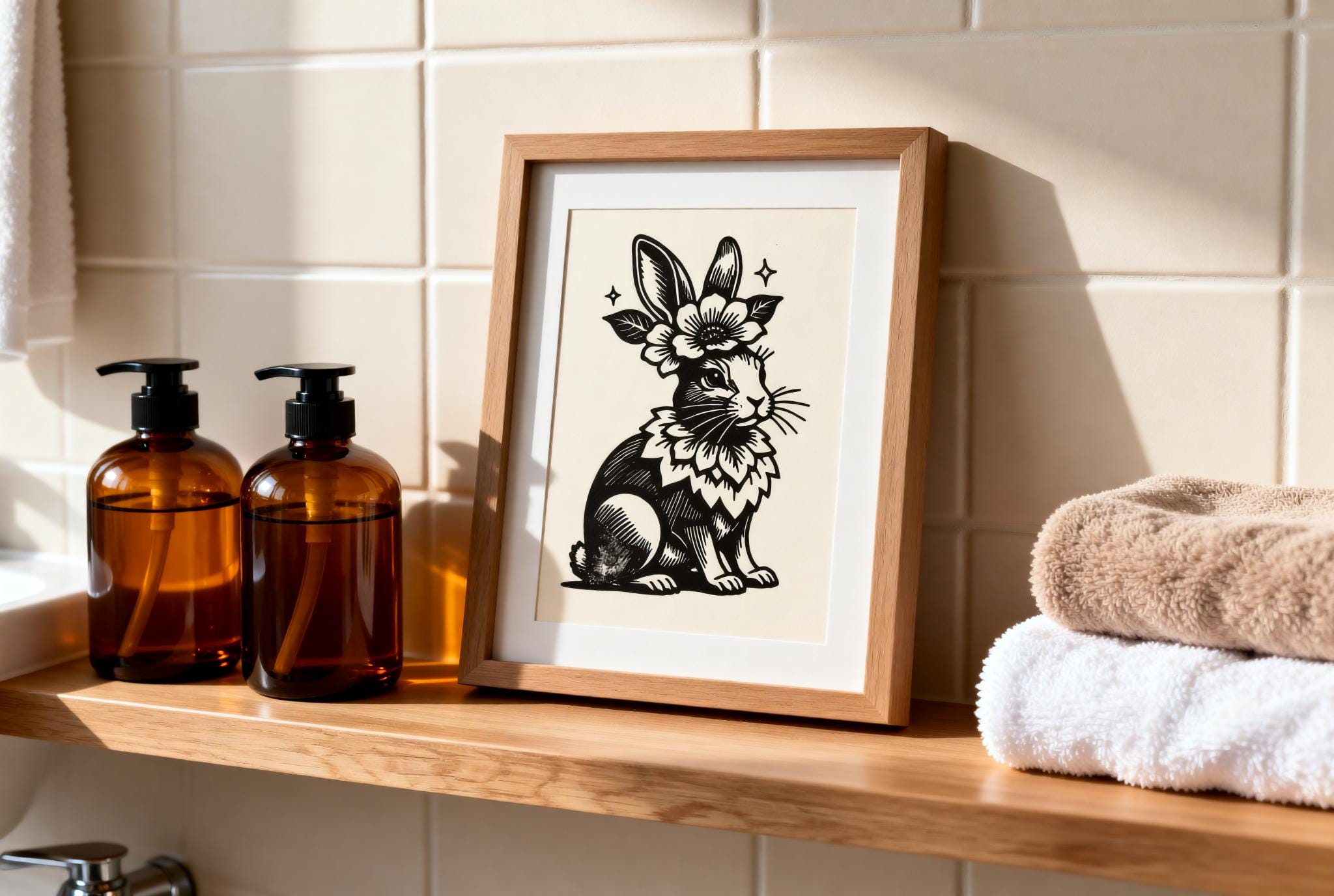 Floral Easter Bunny Linocut Print handmade block print on 300gsm watercolor paper A5 size