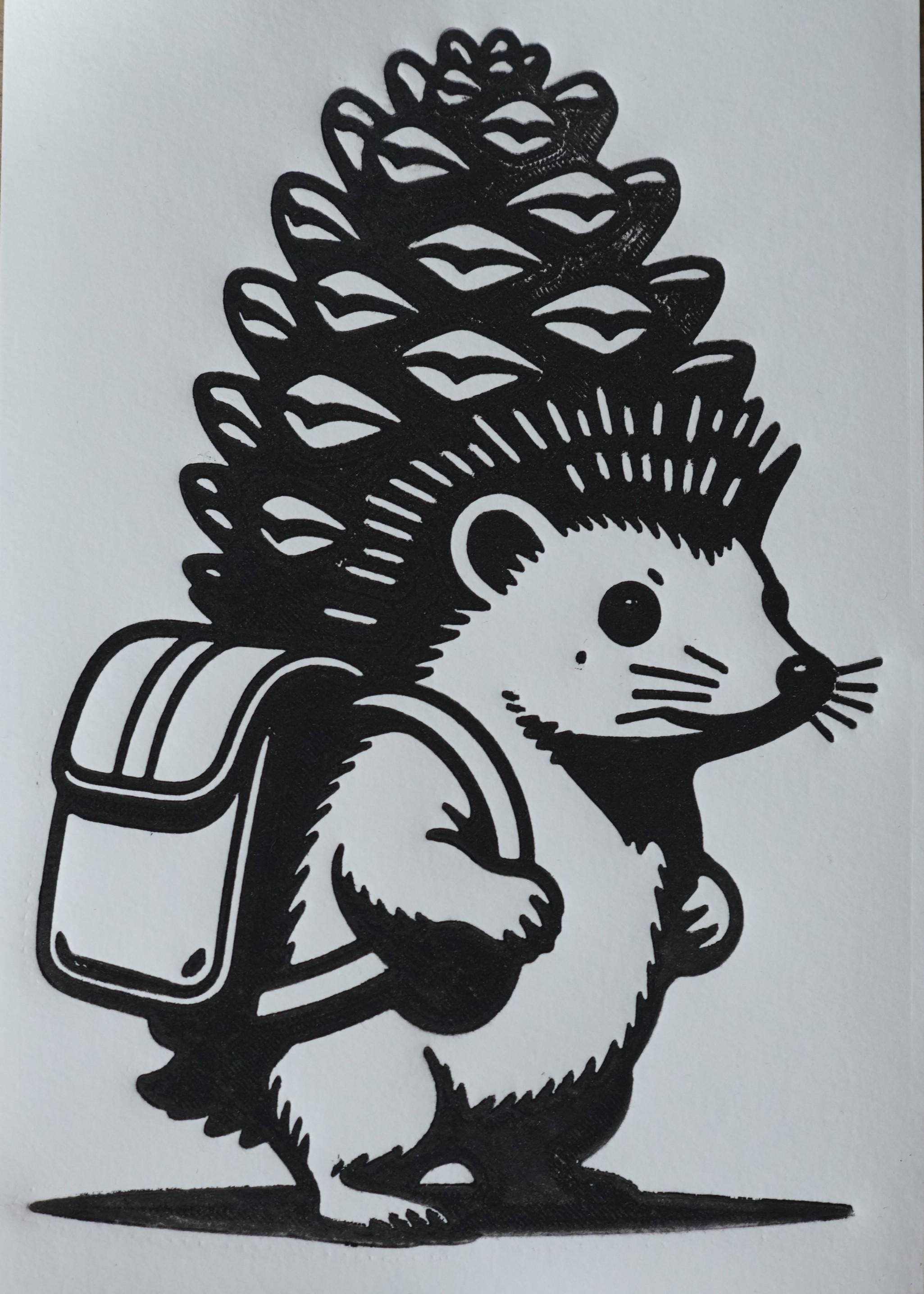 Original linocut print Handmade Hedgehog Linocut Print — ink texture and paper detail view